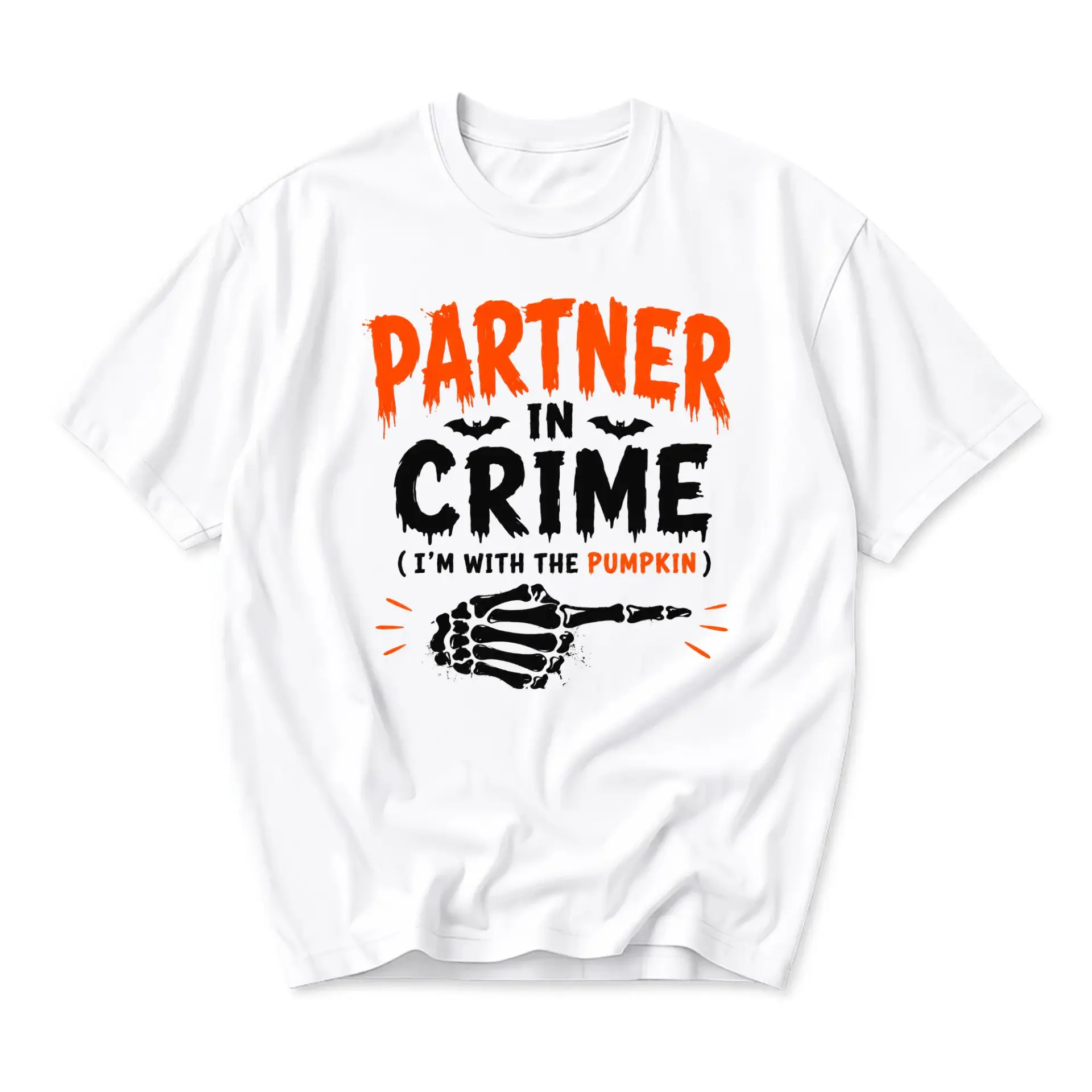 Funny Shirt Partner in Crime I Am with the Pumpkin Graphic Tee Unisex Halloween Costume Crew Neck Casual Top White