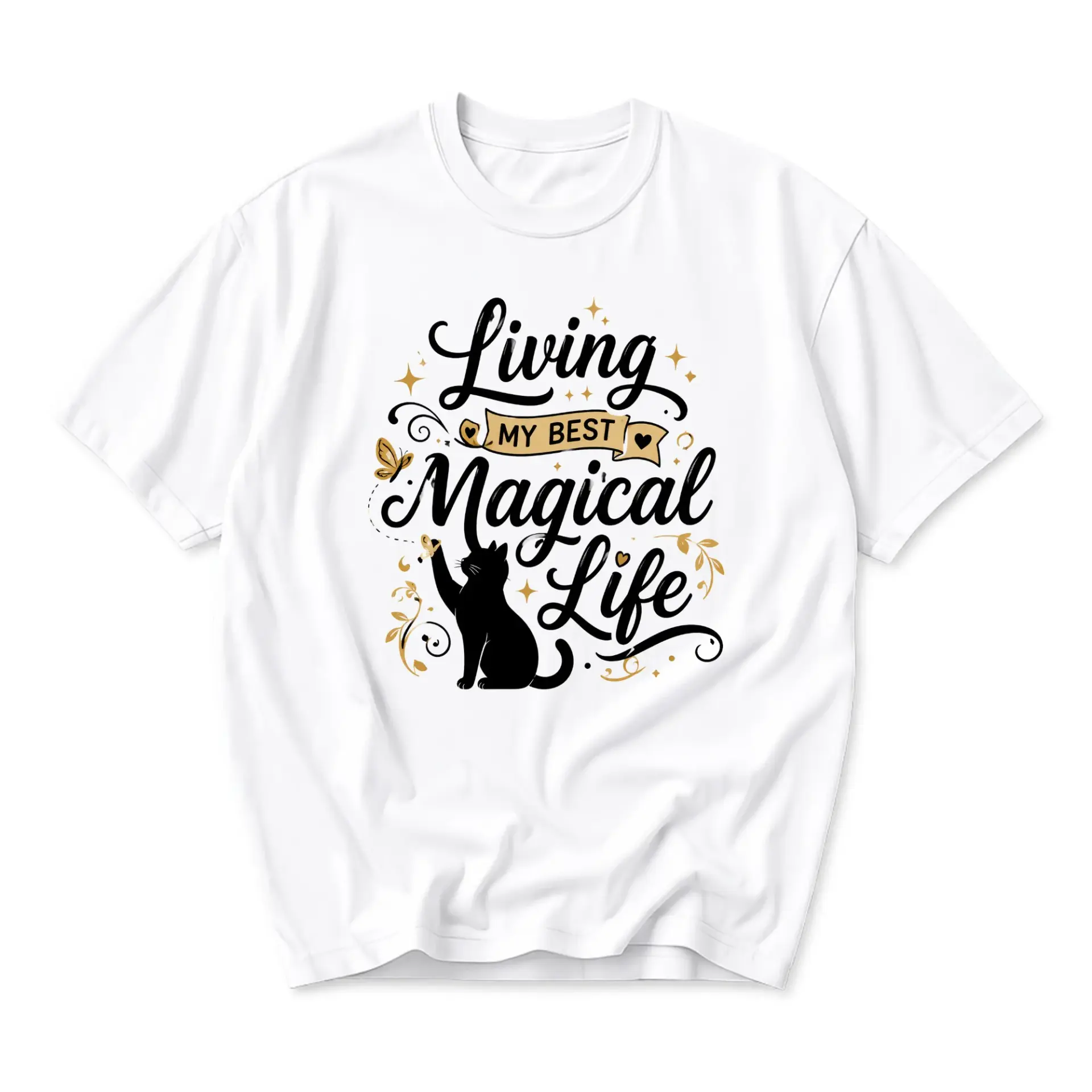 Graphic Tee Living My Best Magical Life Black Cat Design Unisex Crew Neck Soft Cotton Casual Everyday Apparel