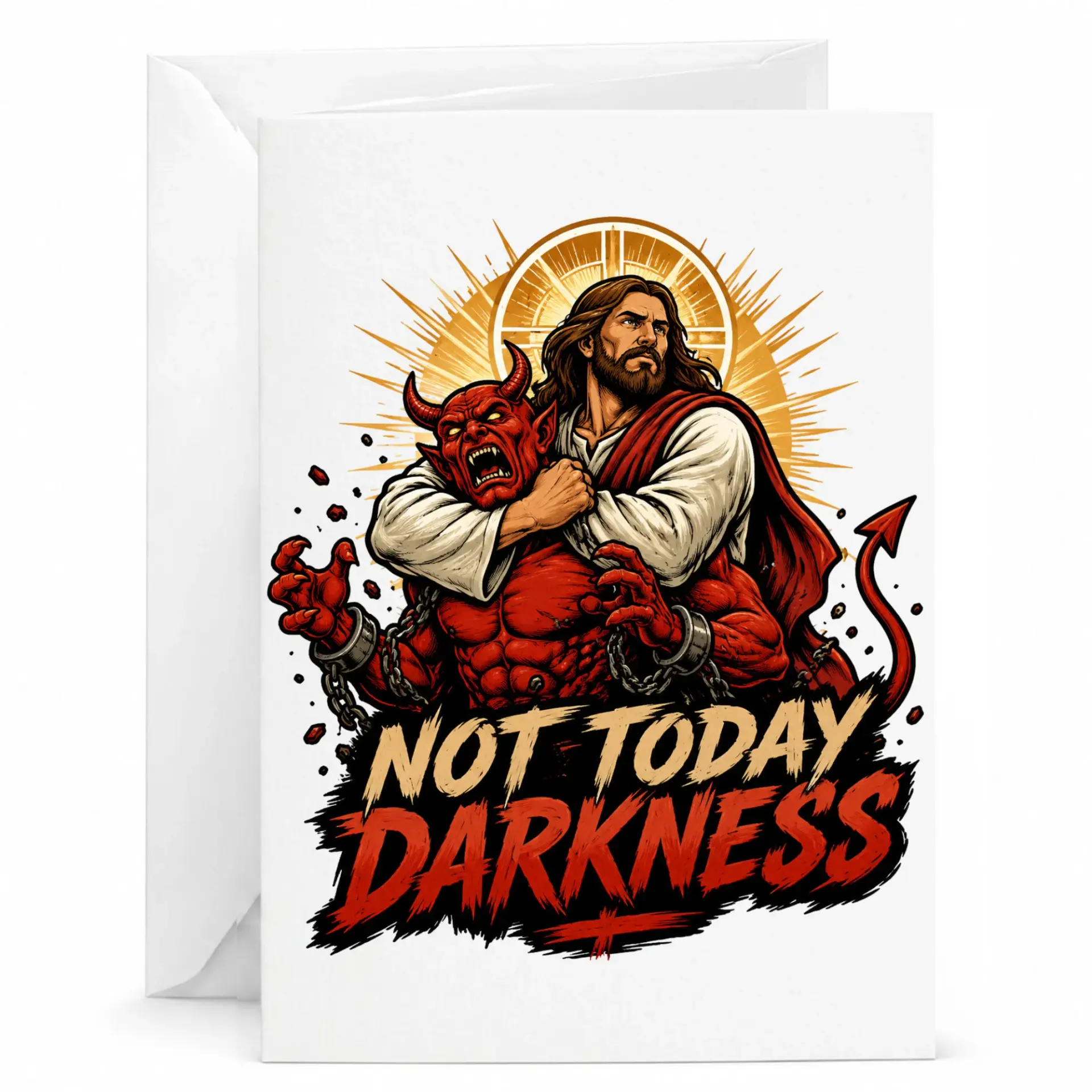 Funny Greeting Card Not Today Darkness Illustration Featuring Artistic Religious Themed Graphic Design for Any Occasion