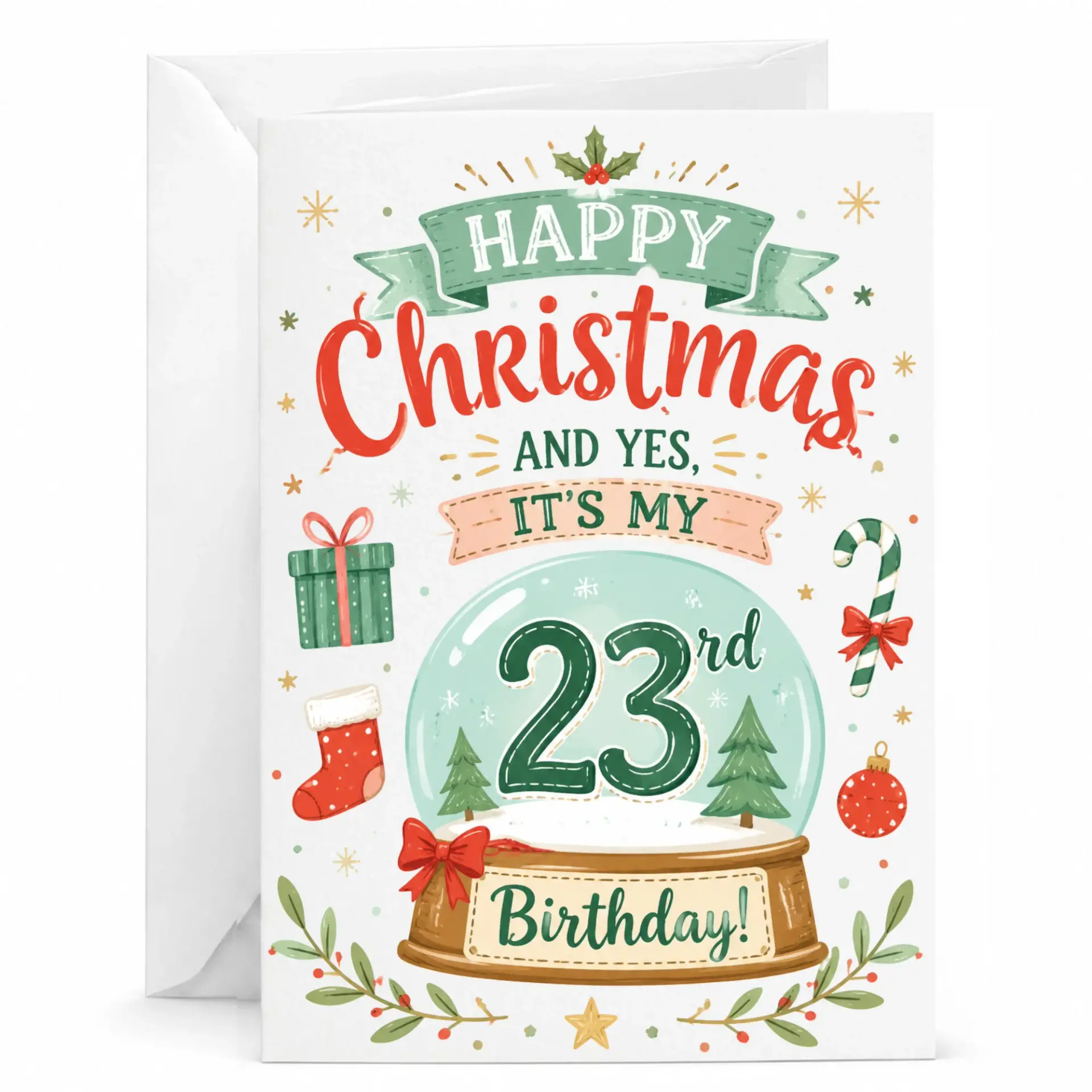 Funny Christmas Birthday Card, Holiday Snow Globe Theme Greeting Card for 23rd Birthday Celebration 5x7 Inch