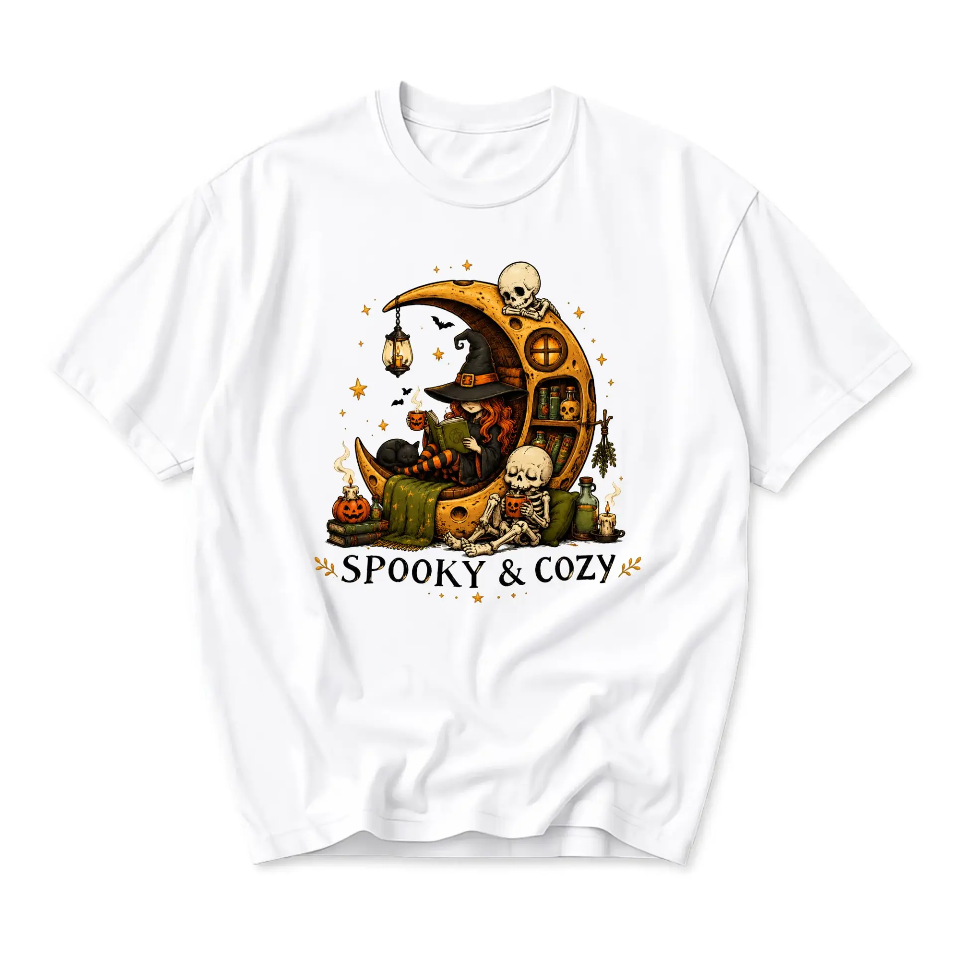 Graphic Tee Spooky and Cozy Moon Witch Skeleton Illustration Unisex Crew Neck Casual Everyday Wear Short Sleeve Shirt