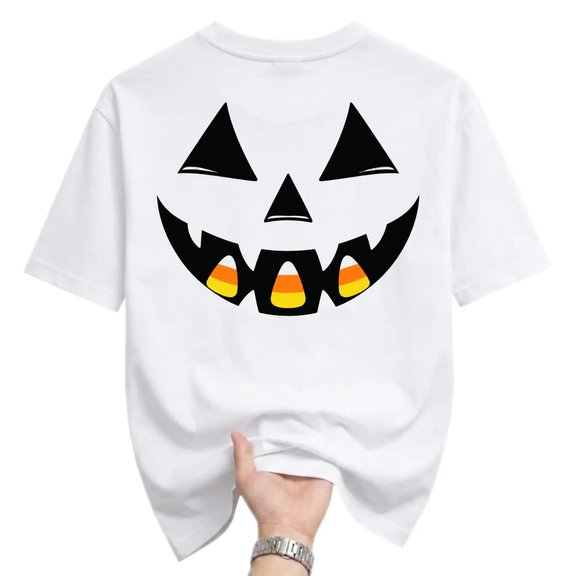 Graphic Tee Unisex Fall Holiday Pumpkin Face Shirt Featuring Candy Corn Teeth Design for Casual Seasonal Apparel
