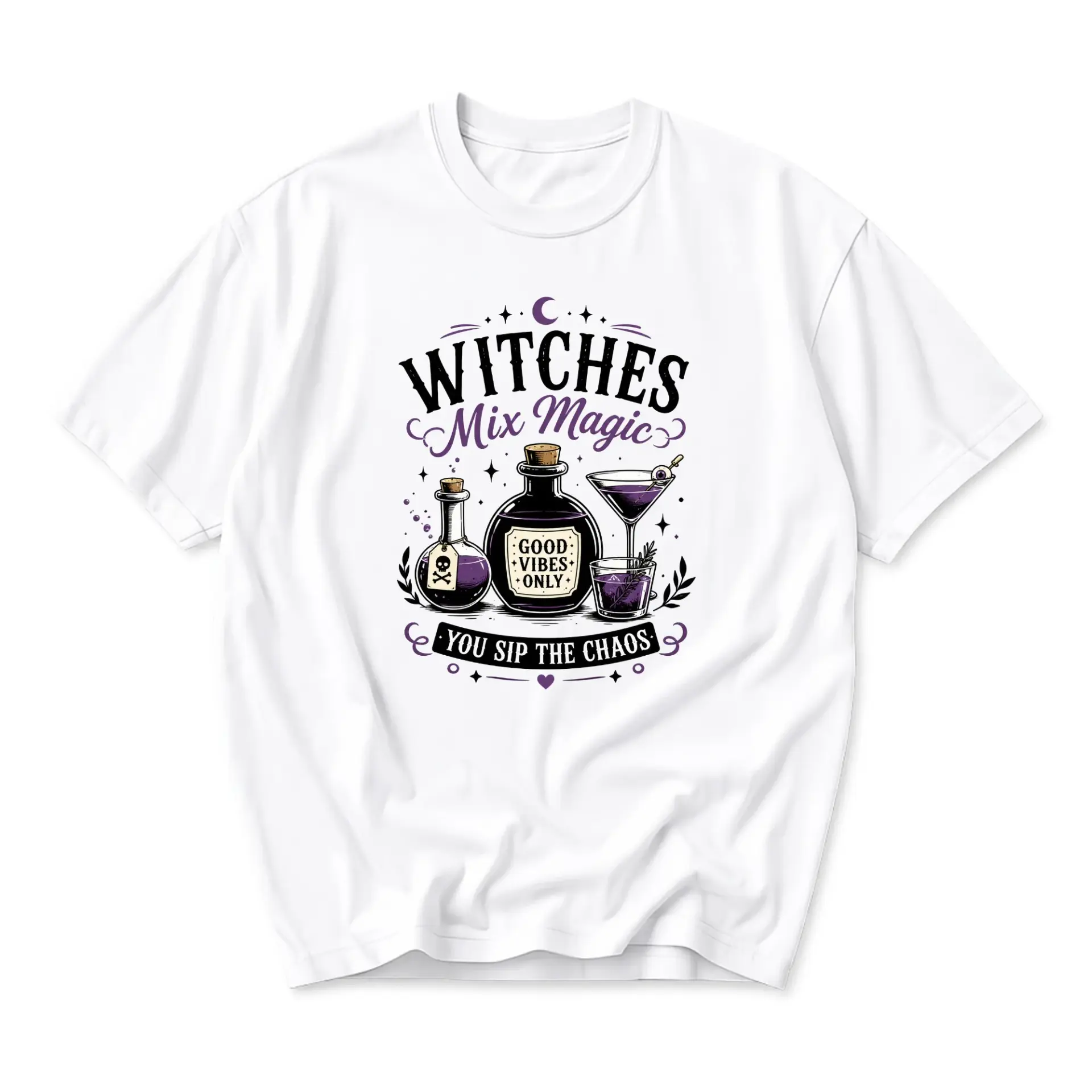 Graphic Tee Witches Mix Magic You Sip the Chaos Funny Shirt Unisex Crew Neck Cotton Blend Casual Apparel for Adults