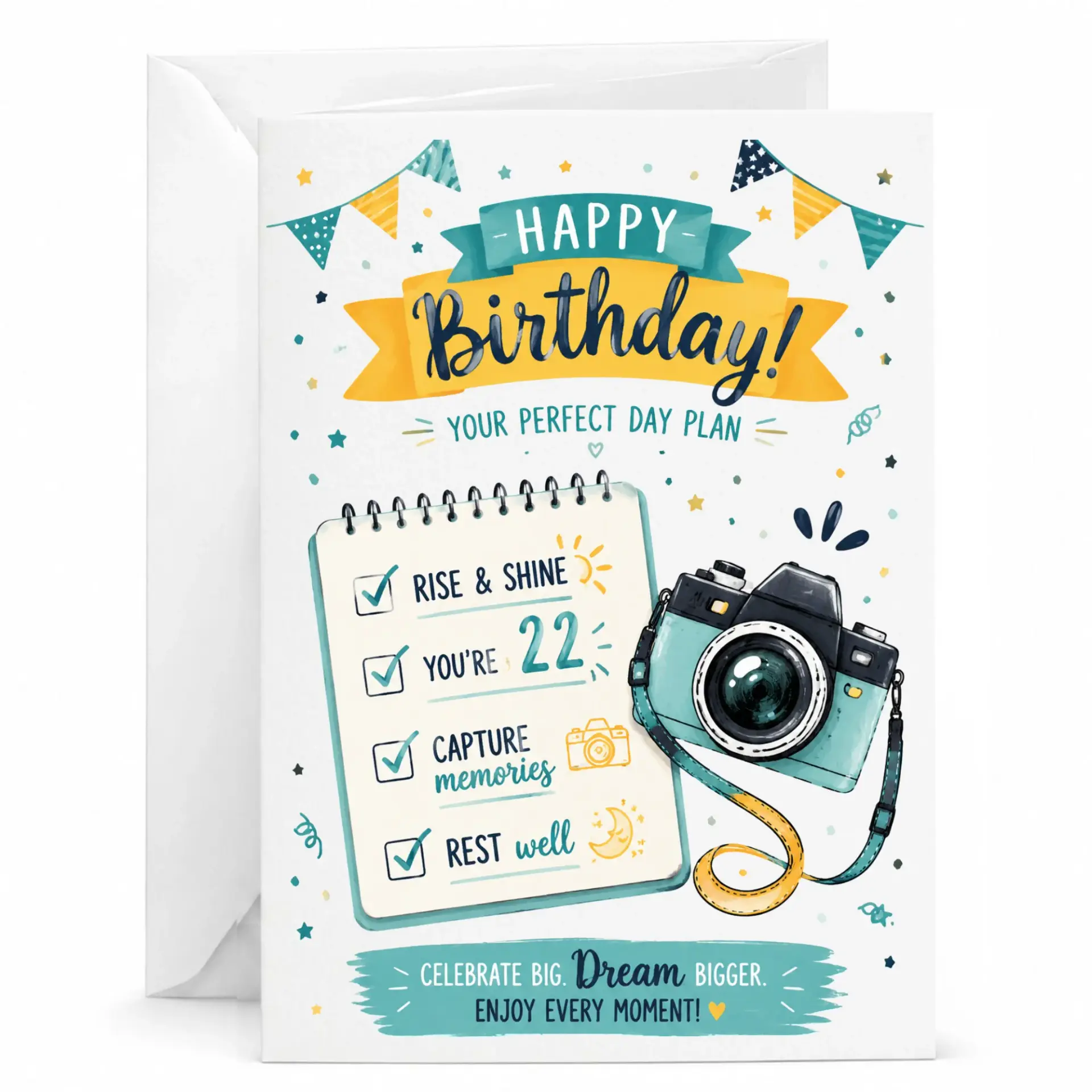 Birthday Card Featuring Photography Checklist Design for Age 22 and Celebration Wishes on Heavyweight Premium Cardstock