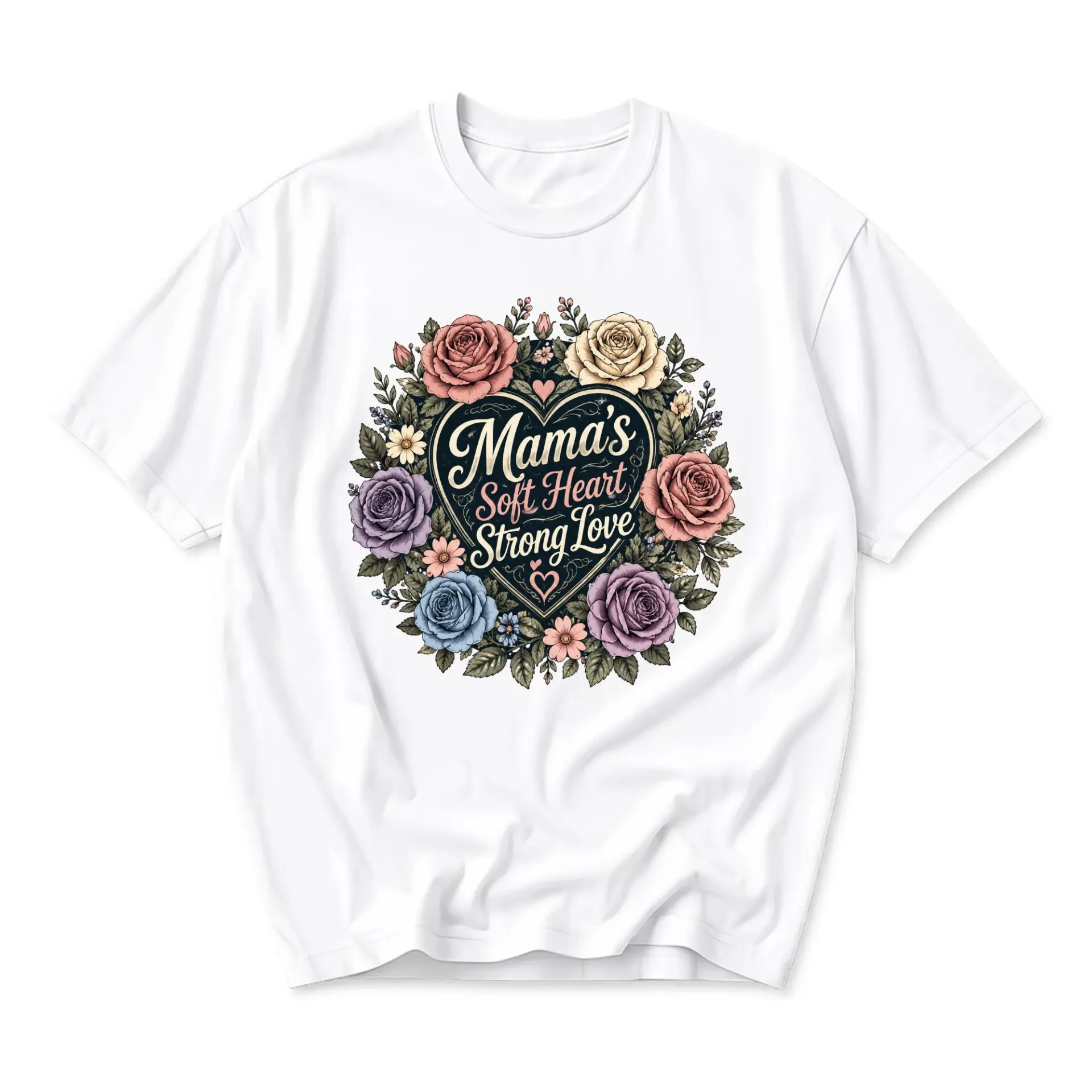 Graphic Tee Mama's Soft Heart Strong Love Floral Heart Design Unisex Crew Neck Short Sleeve Cotton T-Shirt White