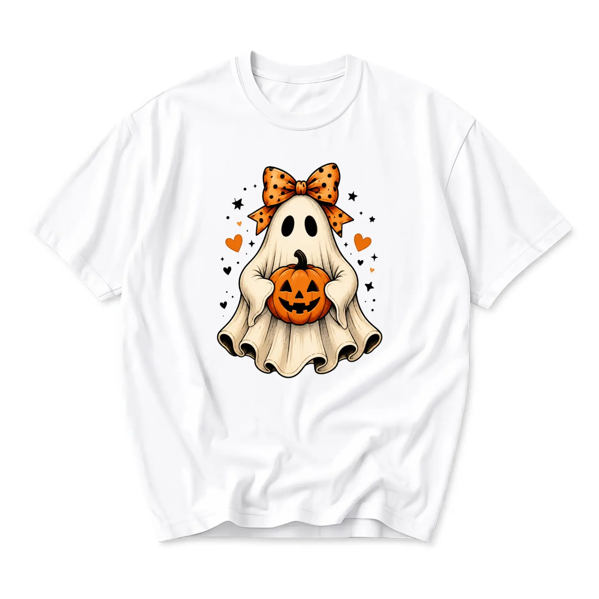 Graphic Tee Cute Ghost Holding Pumpkin with Polka Dot Bow Unisex Crew Neck T-Shirt Seasonal Autumn Holiday Apparel