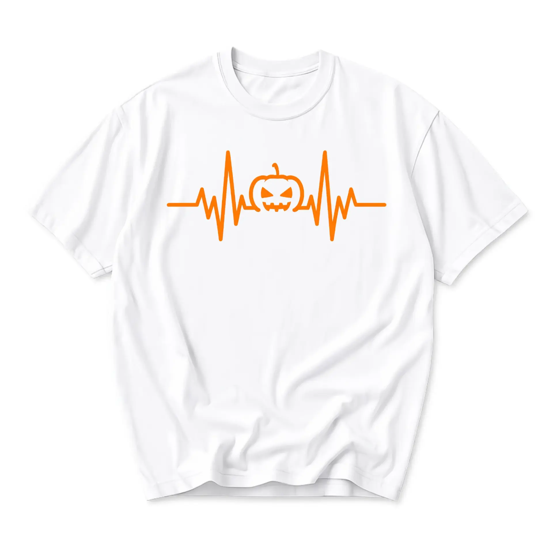 Graphic Tee Unisex Halloween Heartbeat Pumpkin Print Short Sleeve Crew Neck Cotton Casual Everyday Apparel White Shirt