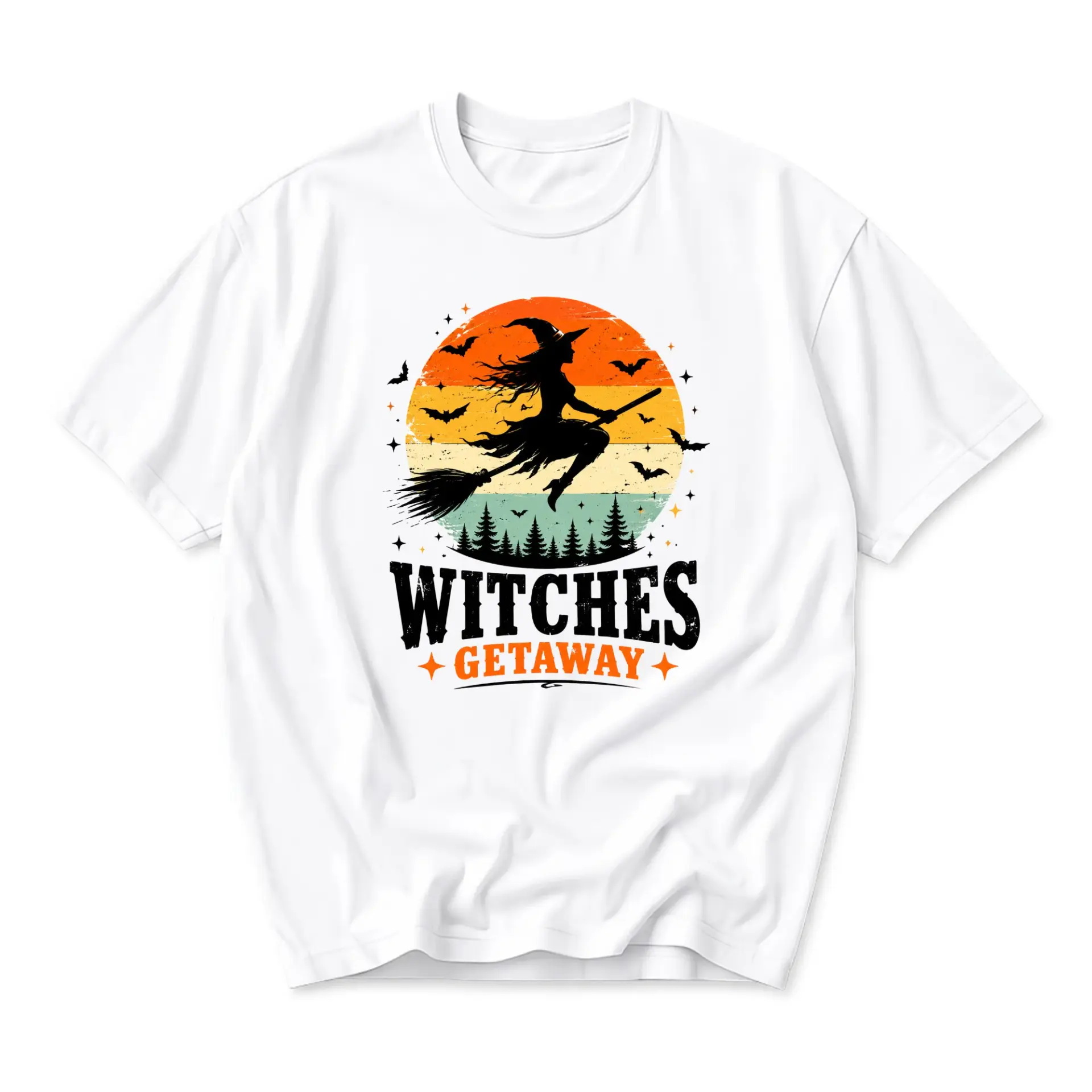 Graphic Tee Witches Getaway Halloween Shirt Vintage Style Sunset Witch Flying on Broomstick Unisex Crew Neck Top