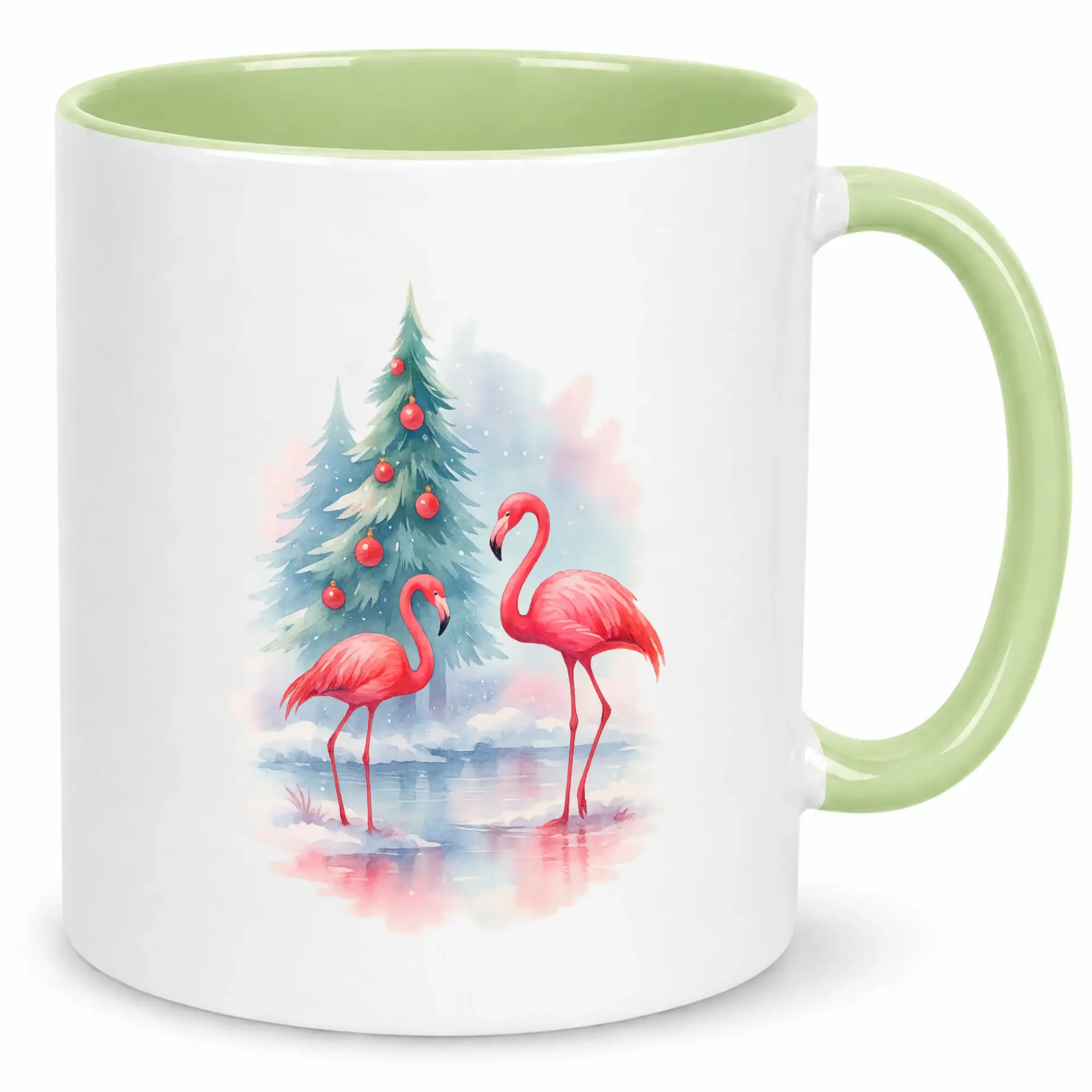 Coffee Mug with Christmas Flamingo Design, Tropical Holiday Ceramic Cup, Winter Scene Drinkware for Home and Office Gift