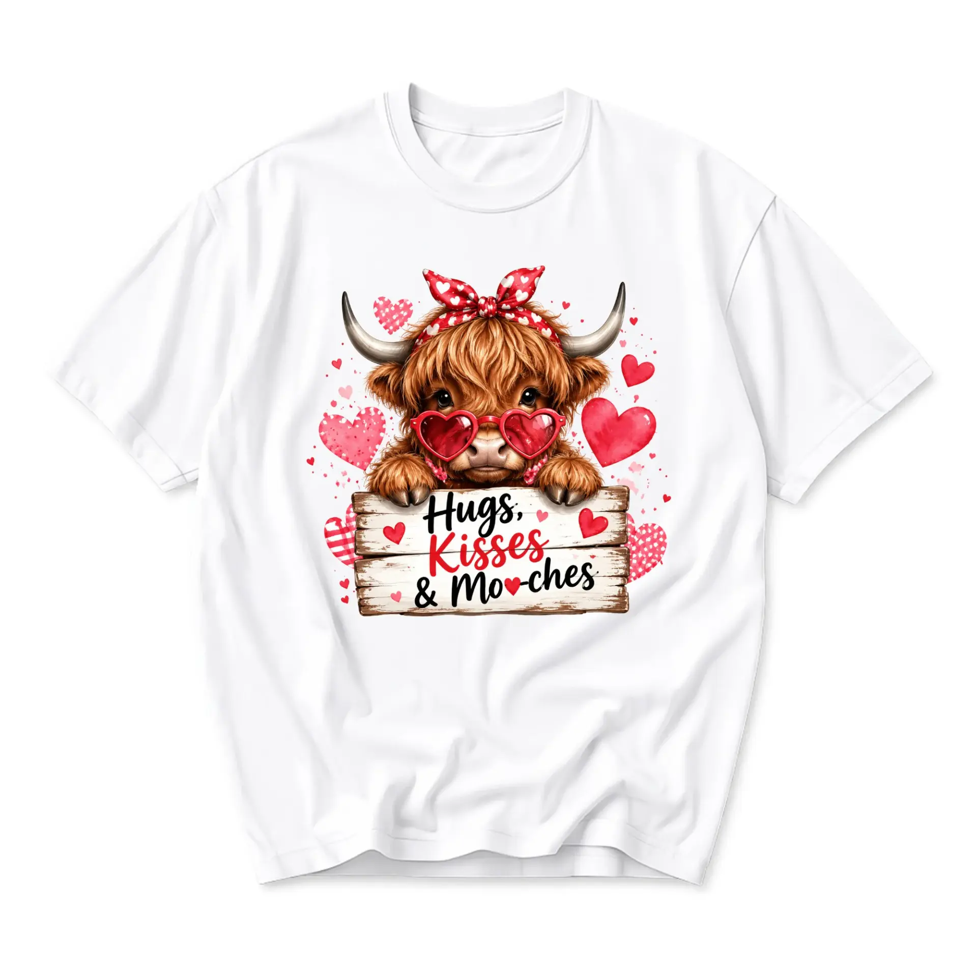 Funny Shirt Highland Cow Hugs Kisses and Mooches Graphic Tee Cute Farm Animal Lover Valentine Unisex Crew Neck Apparel