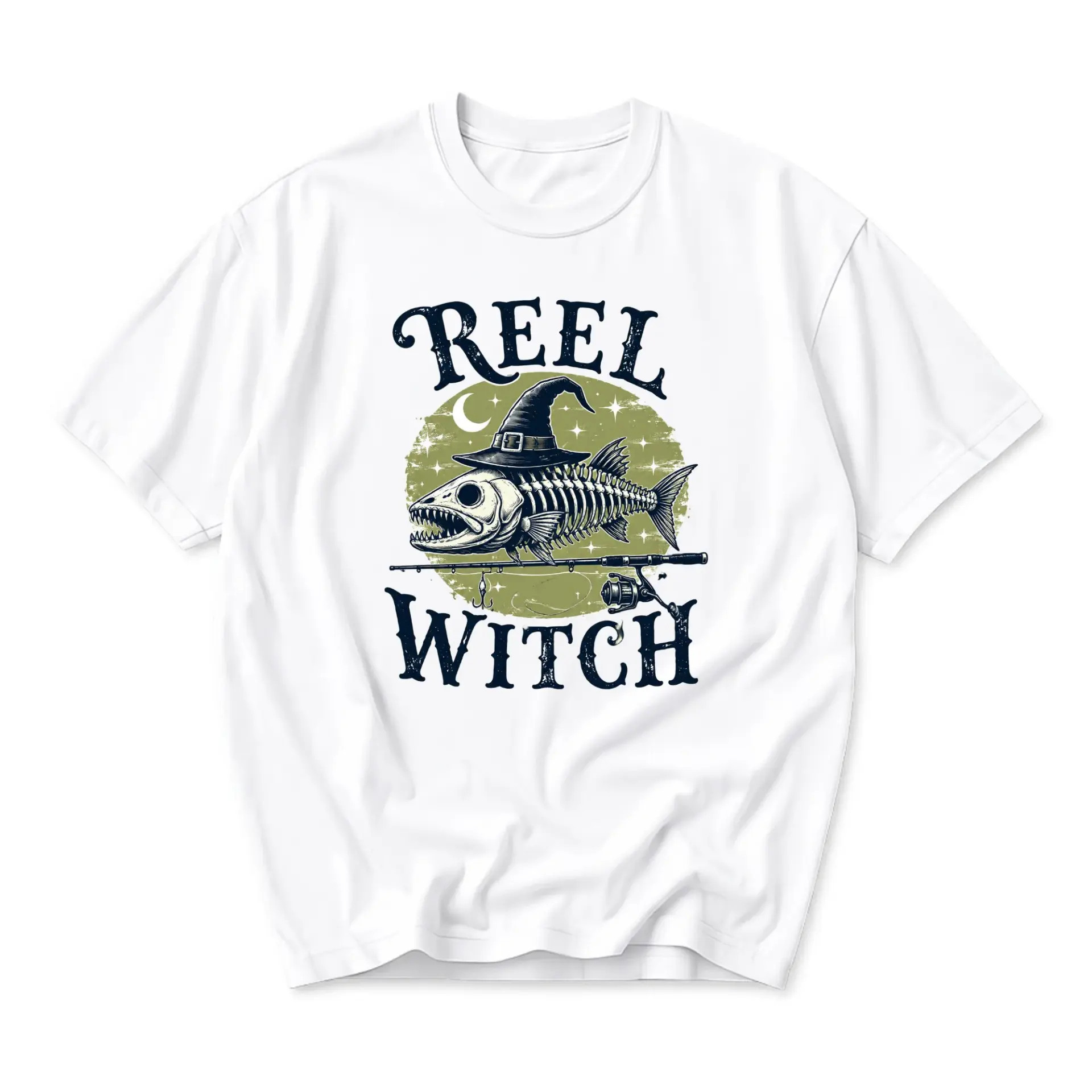 Funny Shirt Reel Witch Graphic Tee Unisex Casual Crew Neck Apparel Fishing Theme Skeleton Fish Humor Top