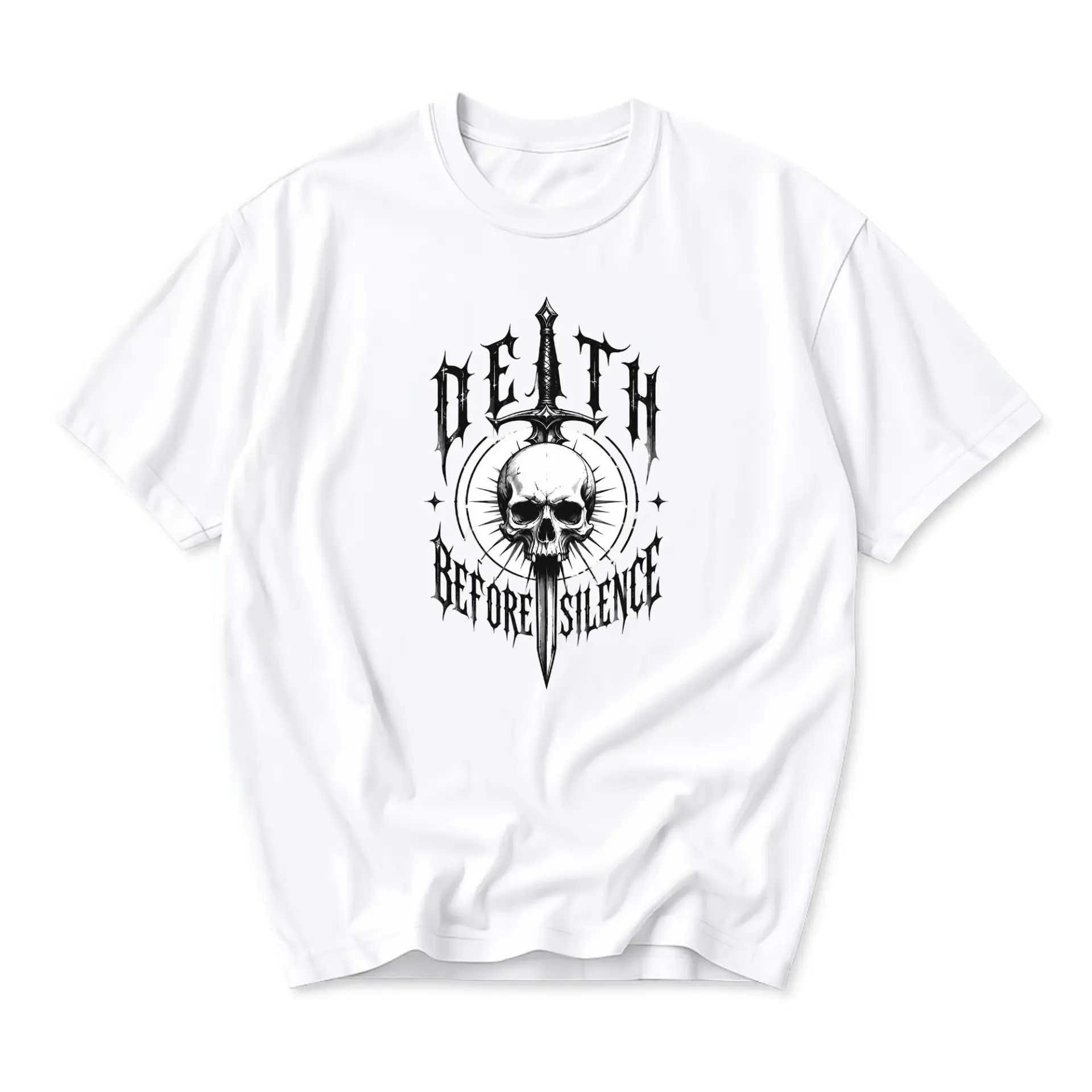 Graphic Tee Death Before Silence Skull Dagger Print Unisex Crew Neck Shirt for Casual Everyday Wear and Self Expression