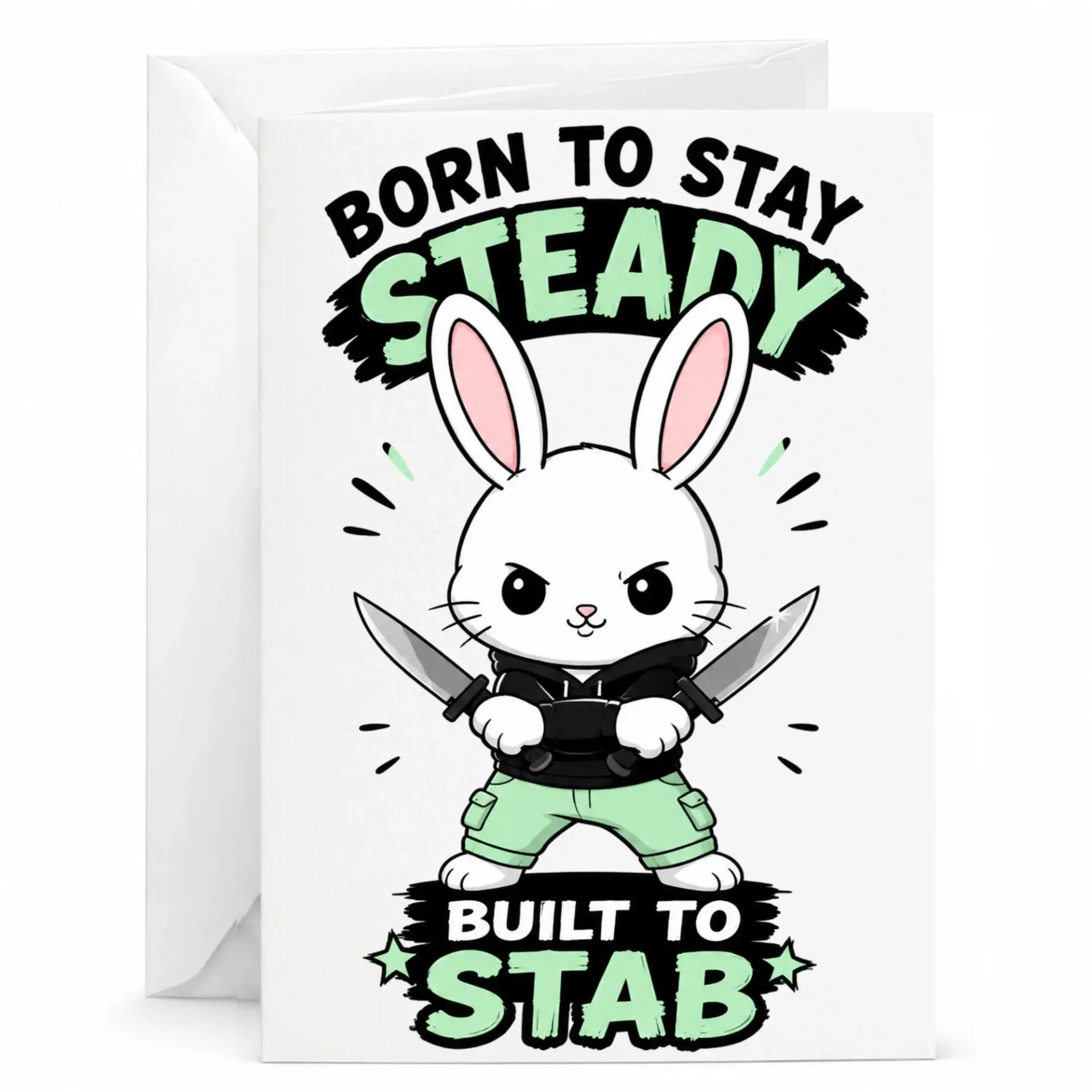 Funny Greeting Card Featuring a Tough Rabbit Character with Knives and Bold Text for Unique and Humorous Occasions
