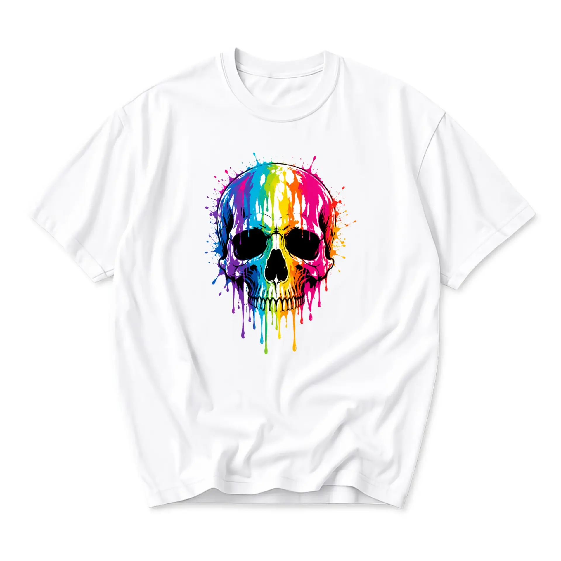 Graphic Tee Unisex Crew Neck T-Shirt Featuring Vibrant Rainbow Paint Splatter Skull Art Design Print Apparel