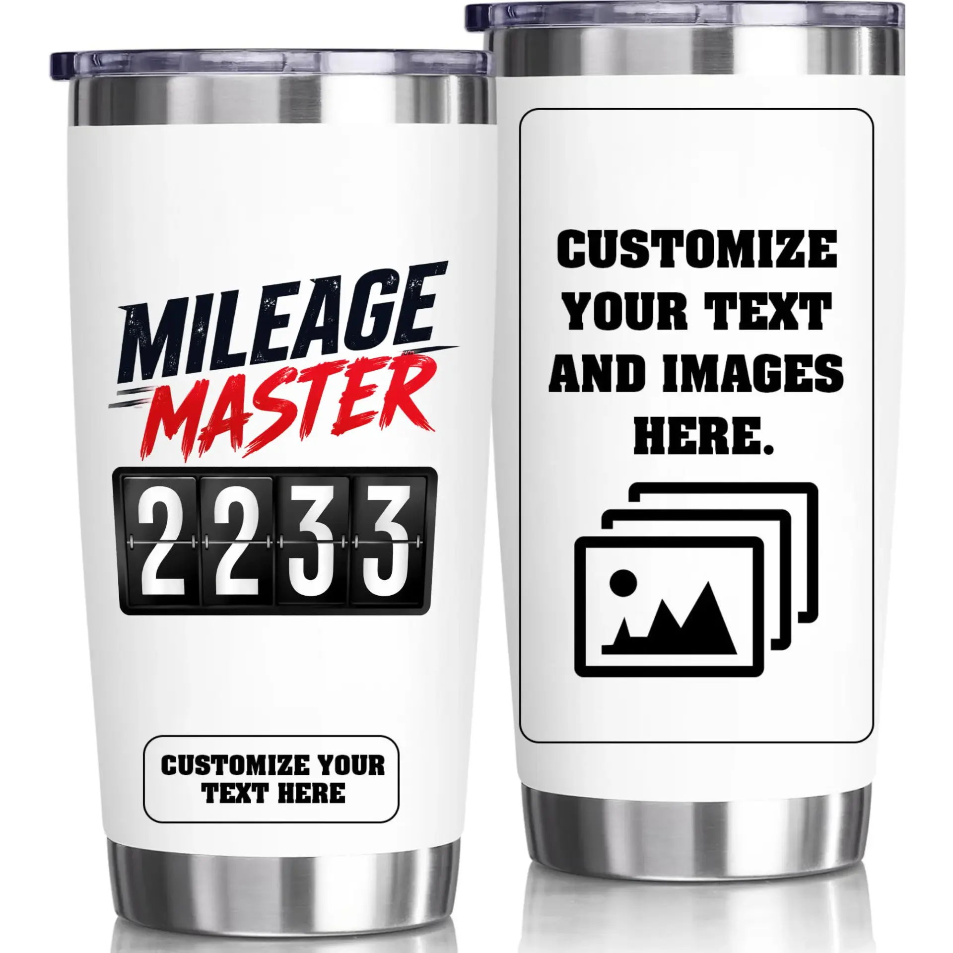 Stainless Steel Tumbler 20oz Travel Mug for Personalized Custom Designs Featuring Mileage Master Themed Graphics