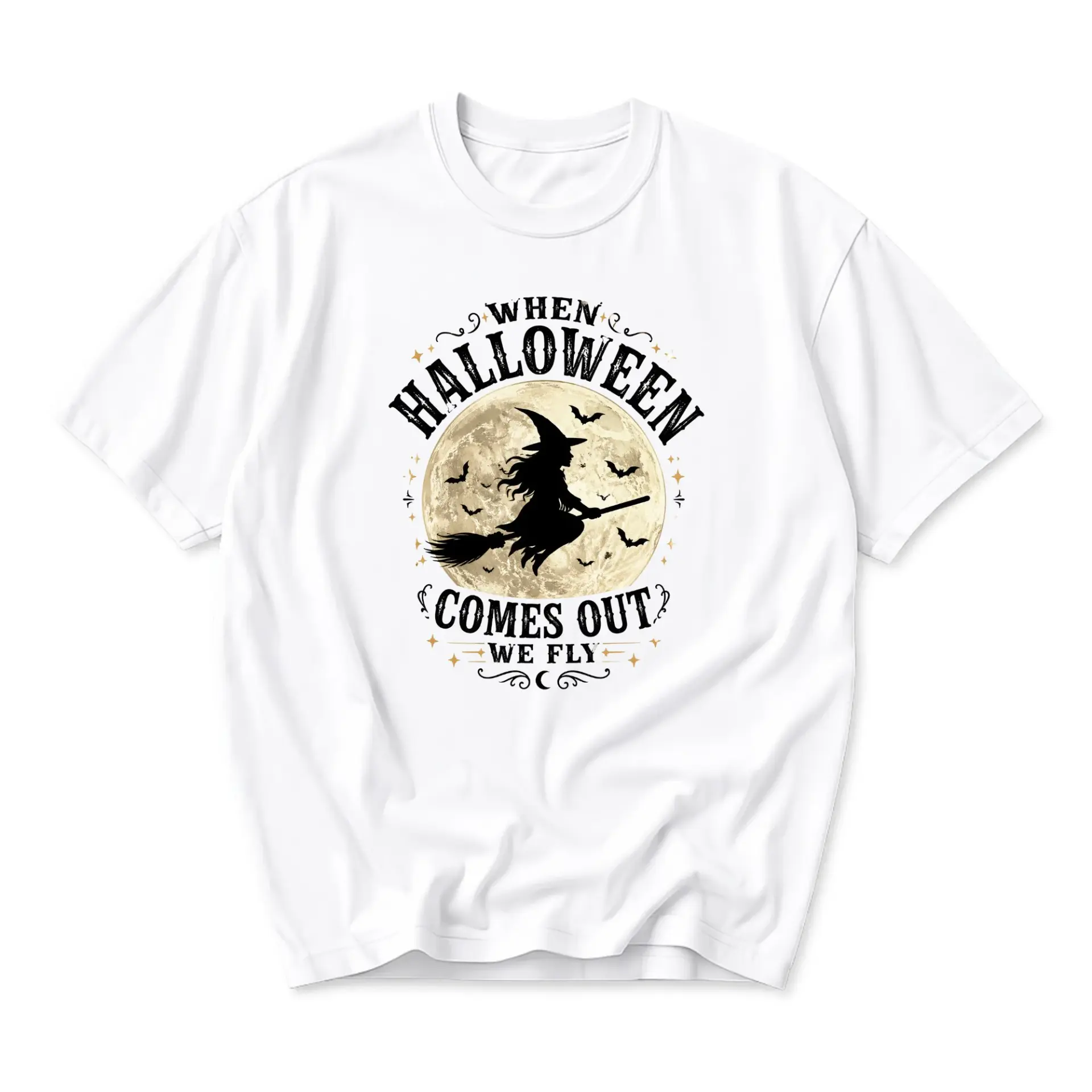 Graphic Tee When Halloween Comes Out We Fly Witch on Broomstick Illustration Seasonal Casual Unisex Crew Neck Shirt