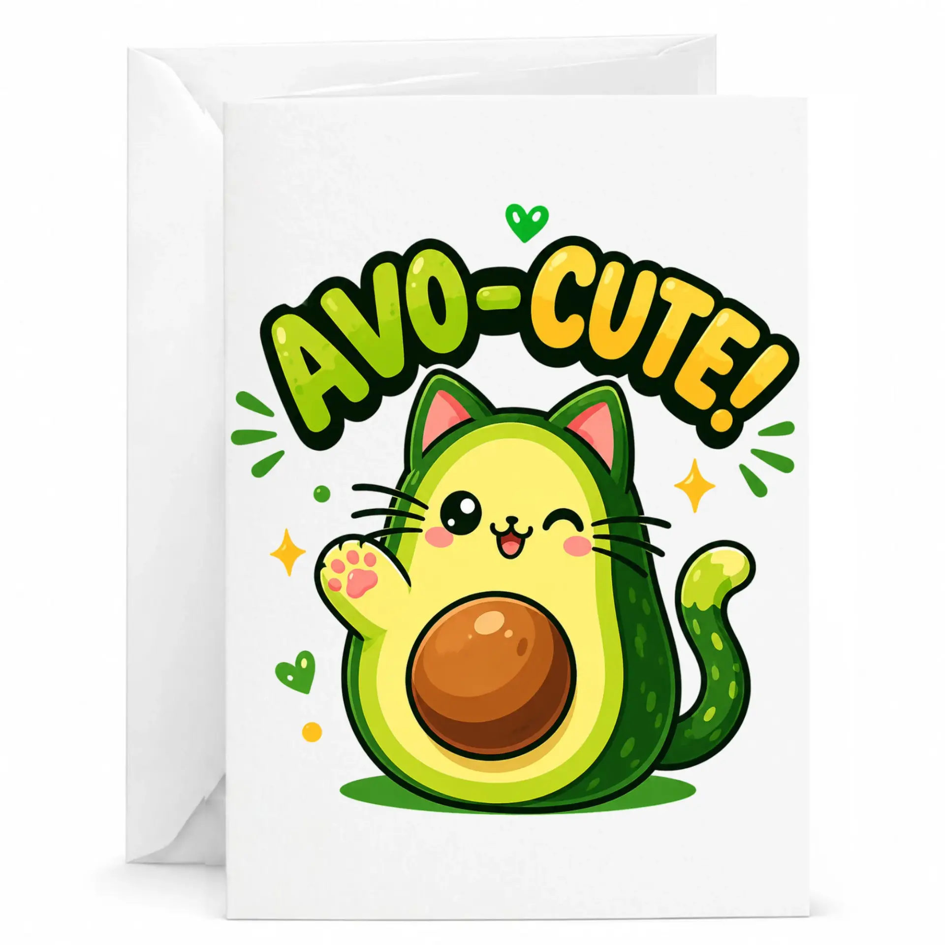 Funny Avo-Cute Greeting Card Avocado Cat Pun Illustration for Friends and Loved Ones Premium Stationery 5x7 Inches