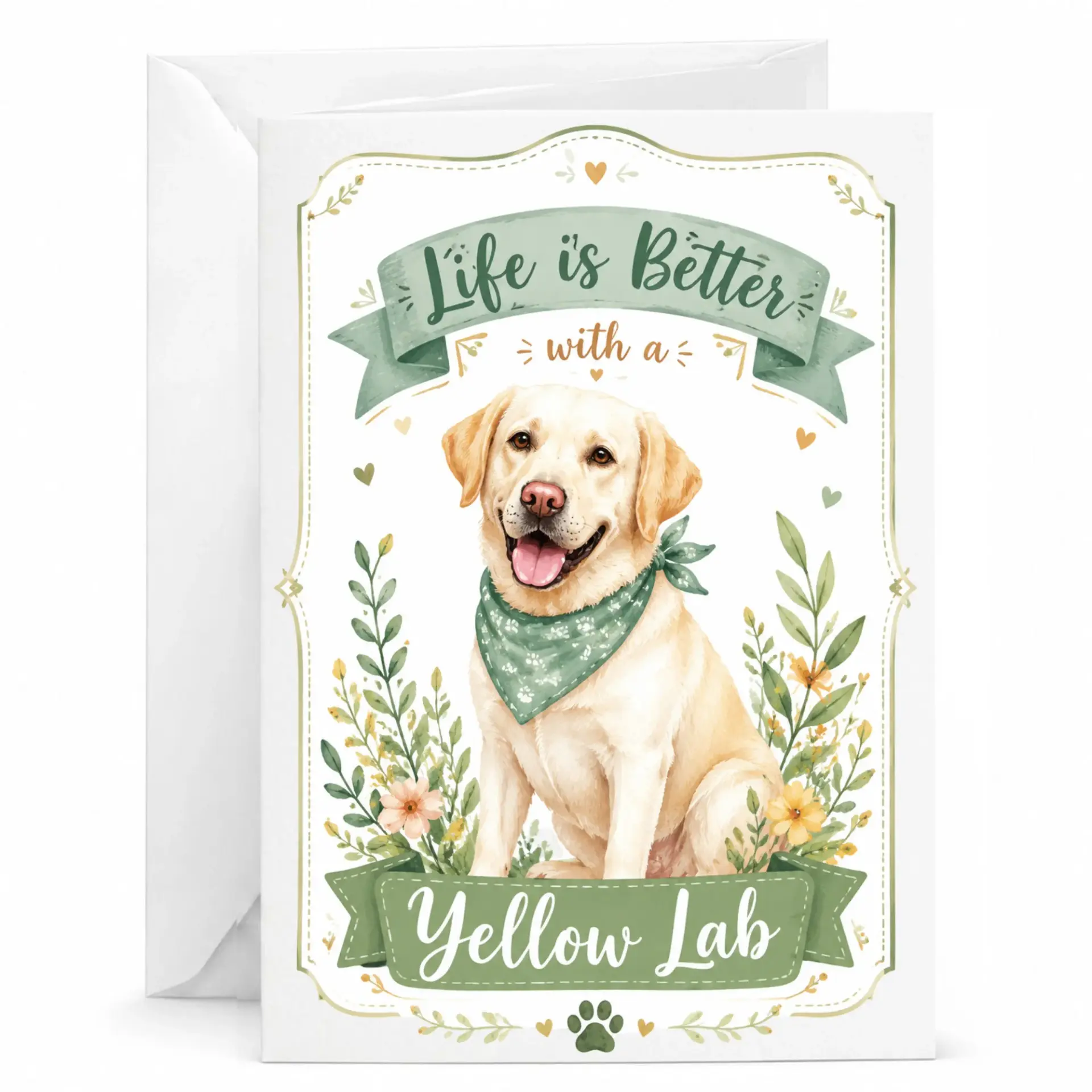 Greeting Card with Yellow Labrador Dog Illustration and Floral Design for Dog Lovers and Pet Owners 5x7 Inch Folded Card