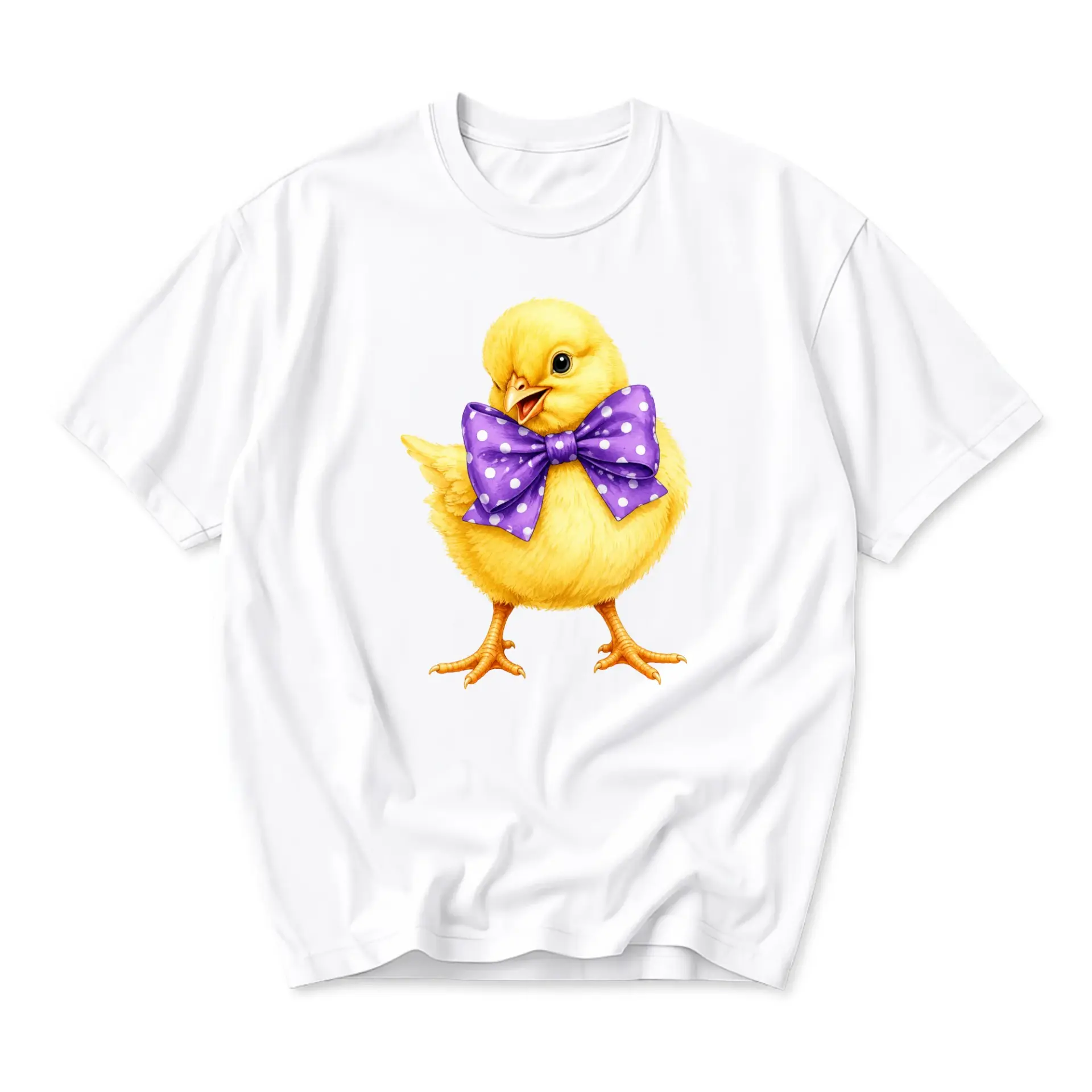 Graphic Tee Cute Yellow Chick with Purple Polka Dot Bow Tie Illustration Unisex Crew Neck Casual Cotton Shirt