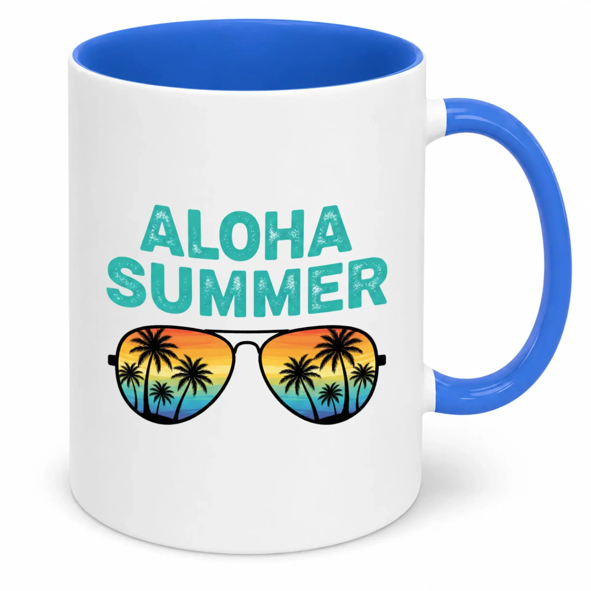 Aloha Summer Coffee Mug with Tropical Sunset Palm Tree Sunglasses Design, 11 Oz Ceramic Drinkware Gift