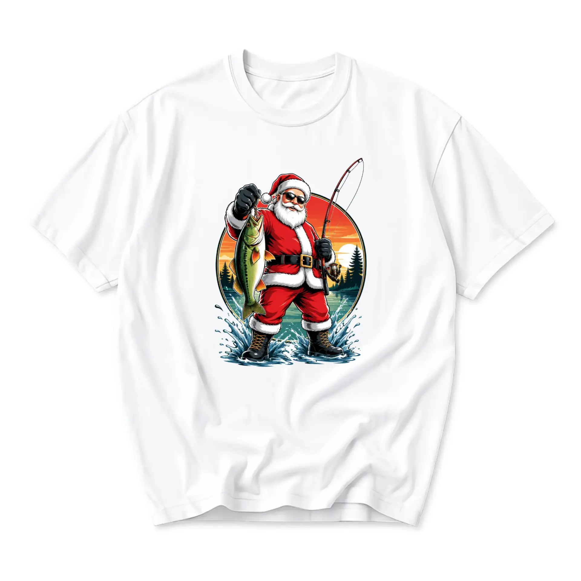 Funny Shirt Fishing Santa Graphic Tee Holiday Fisherman Gift Unisex Casual Crew Neck Comfortable Cotton Blend Top
