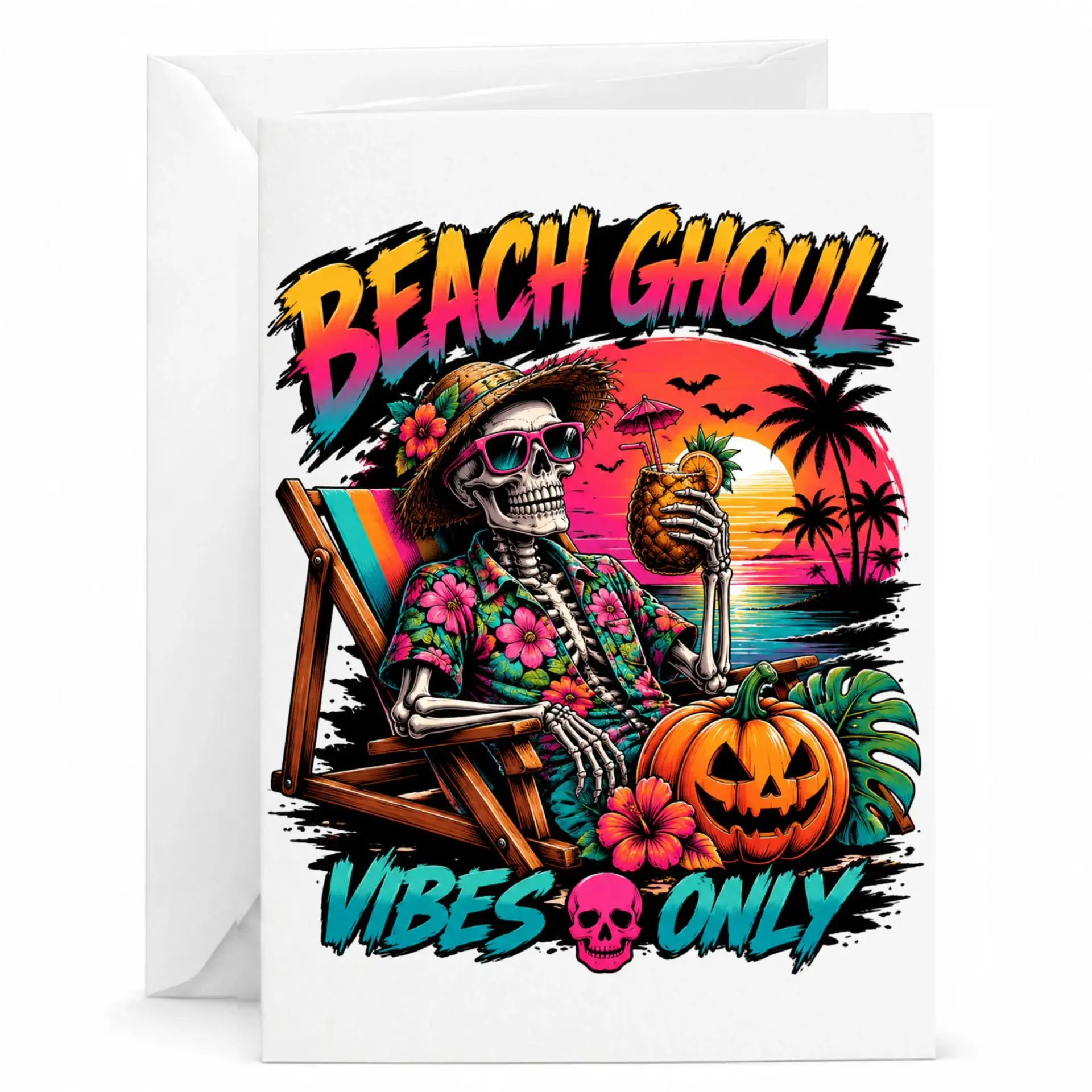 Funny Beach Ghoul Vibes Only Greeting Card Summer Skeleton Tropical Holiday with Matching White Envelope