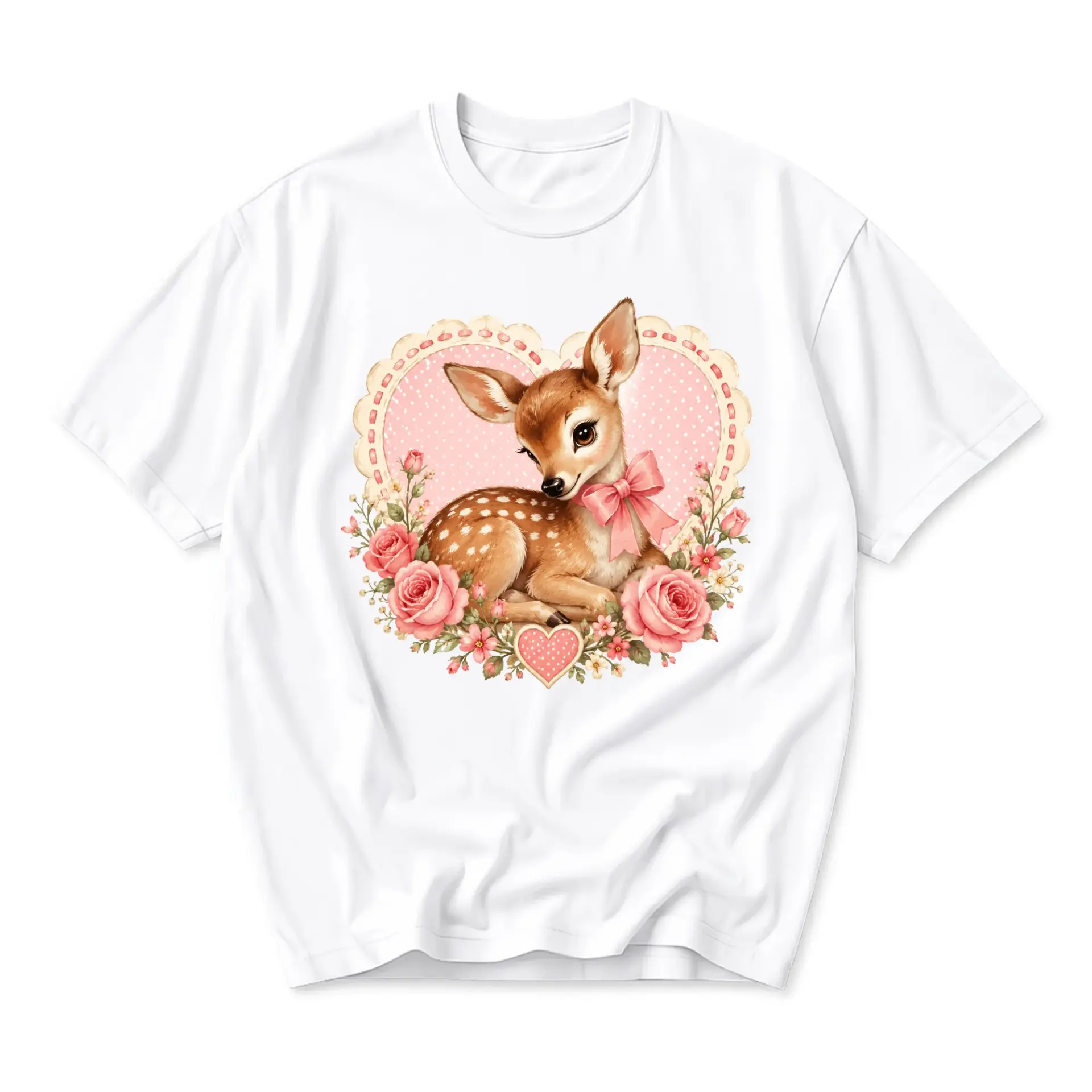 Graphic Tee Cute Fawn in Heart Frame with Pink Roses Floral Illustration Unisex Crew Neck Everyday Casual Shirt