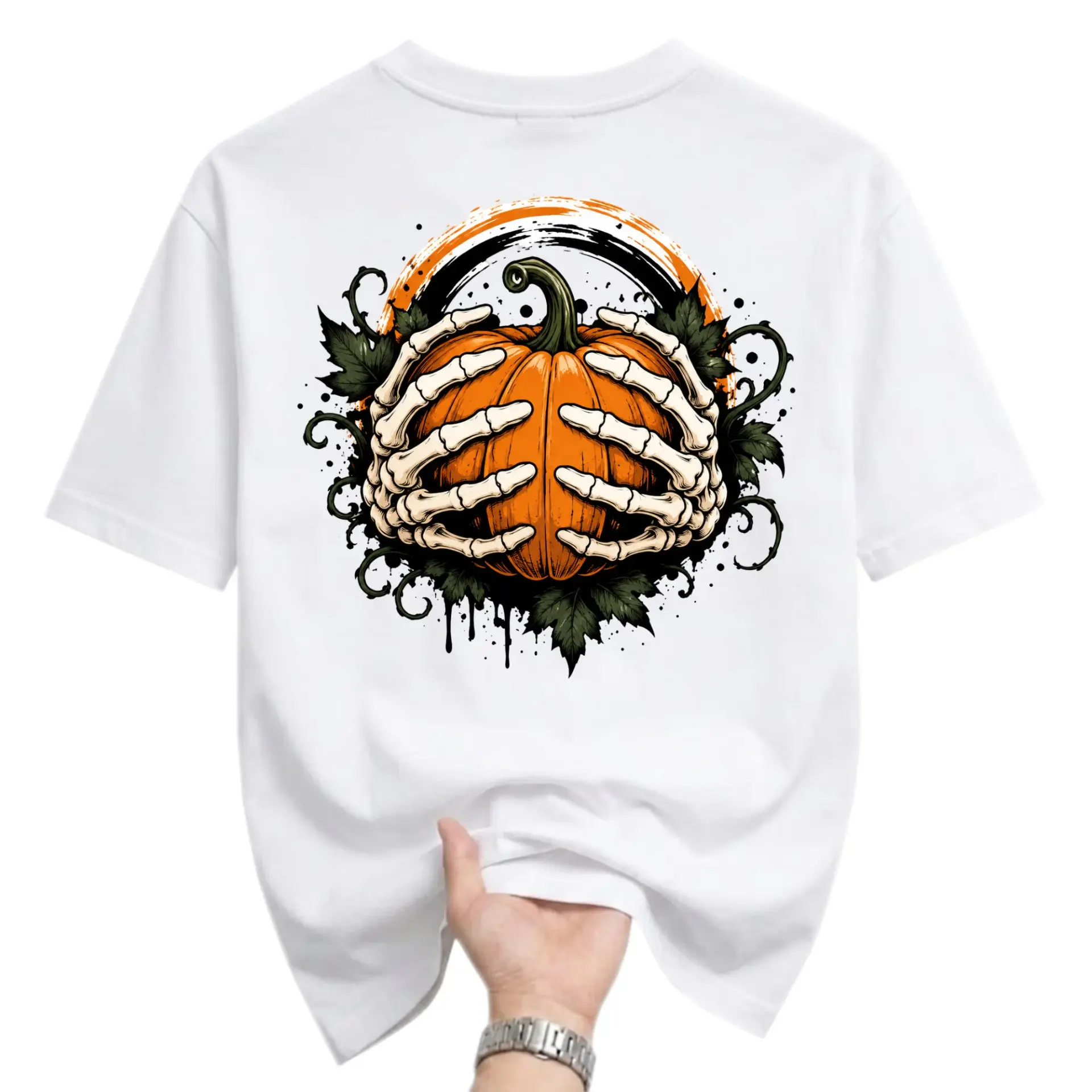 Graphic Tee Unisex Crew Neck T-Shirt Featuring Skeleton Hands Holding a Pumpkin Autumn Seasonal Halloween Art Print