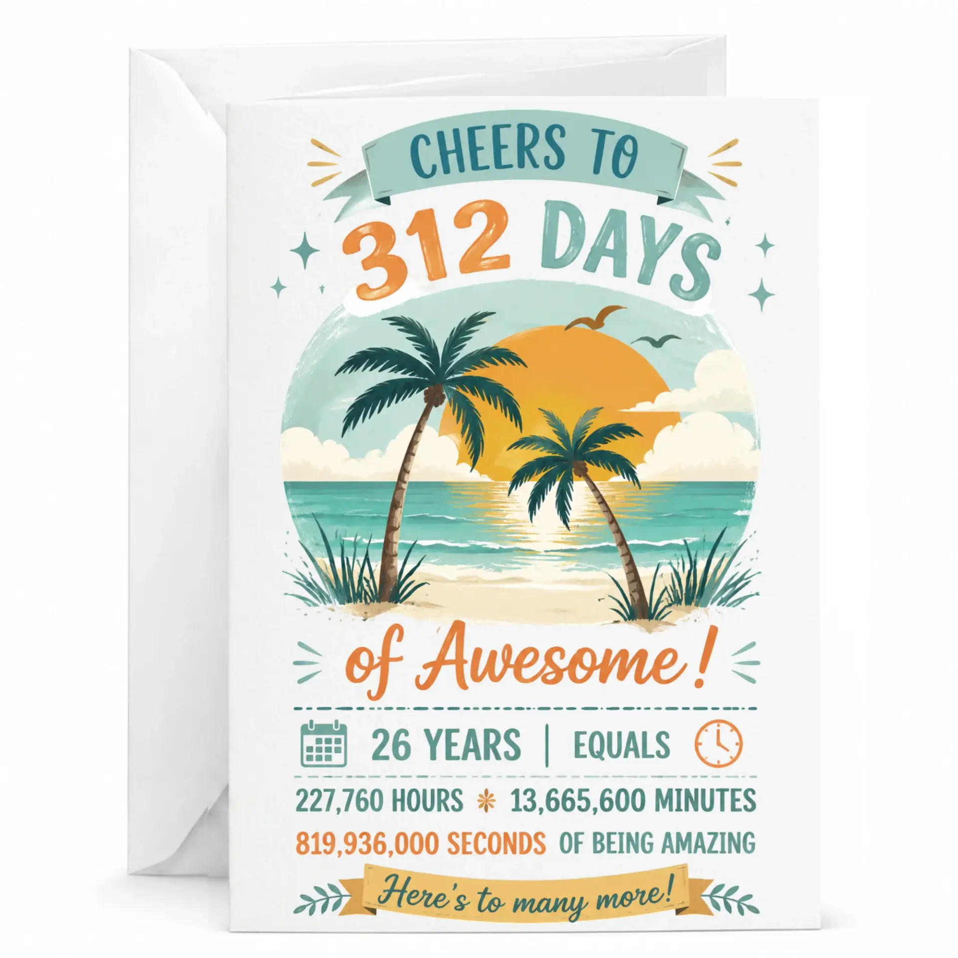 Funny Birthday Card Cheers to 312 Days of Awesome Anniversary Greeting Card with Matching White Envelope 5x7 Inches