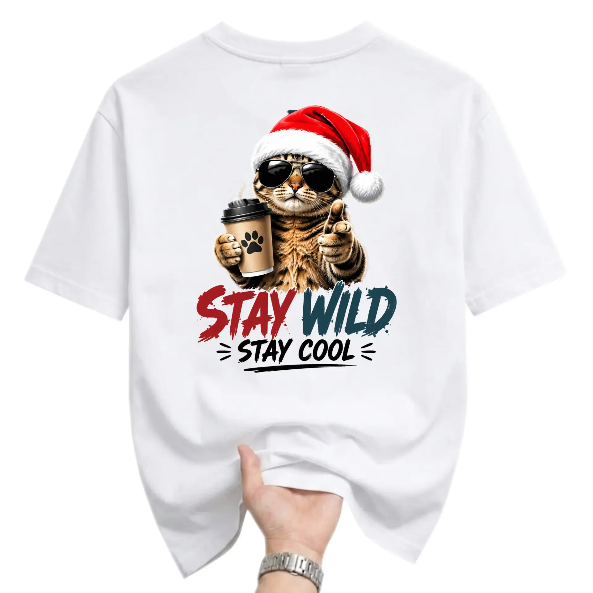 Funny Shirt Stay Wild Graphic Tee Featuring Festive Santa Hat Coffee Loving