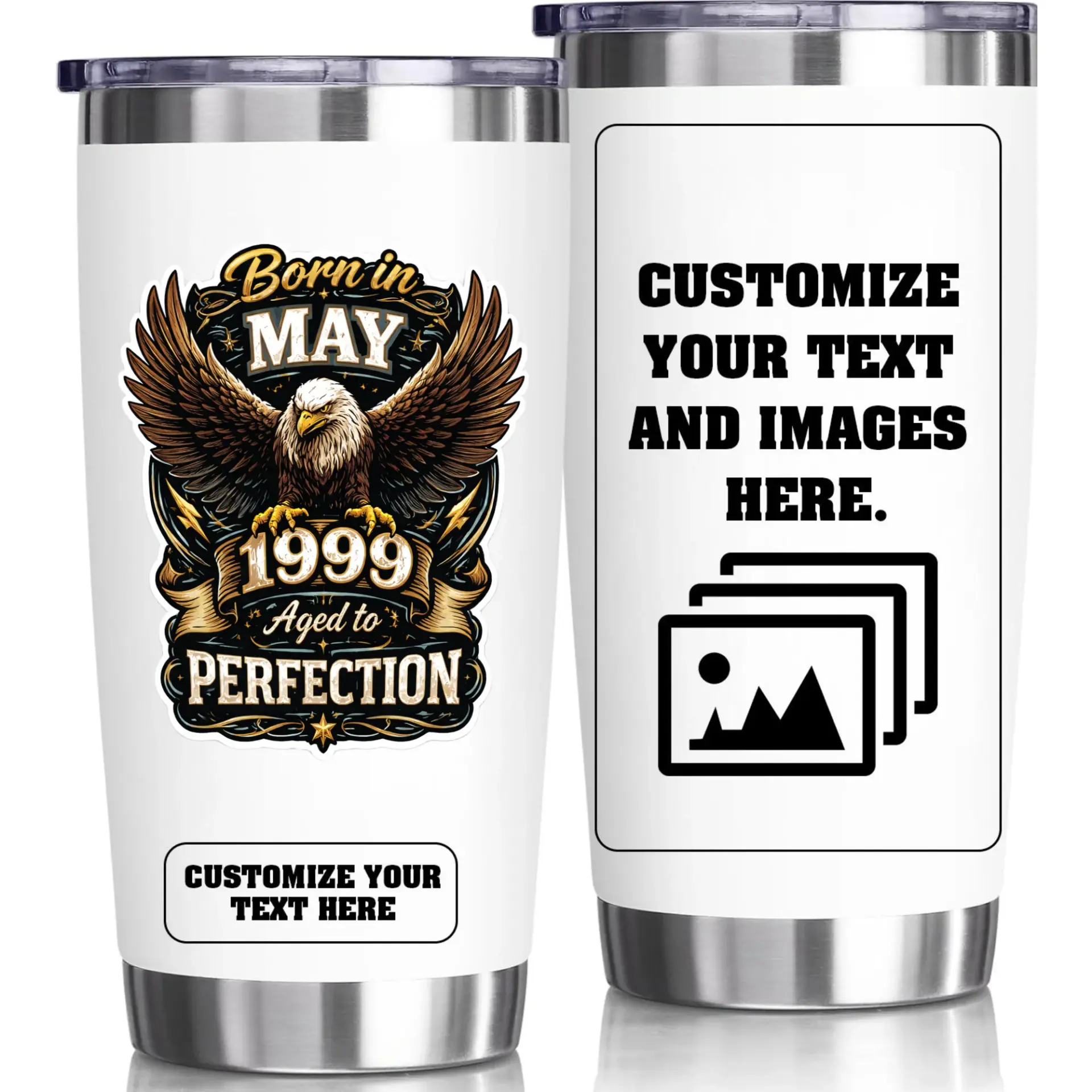 Stainless Steel Insulated Tumbler 20oz Personalized Birthday Gift Born in May 1999 Aged to Perfection Design