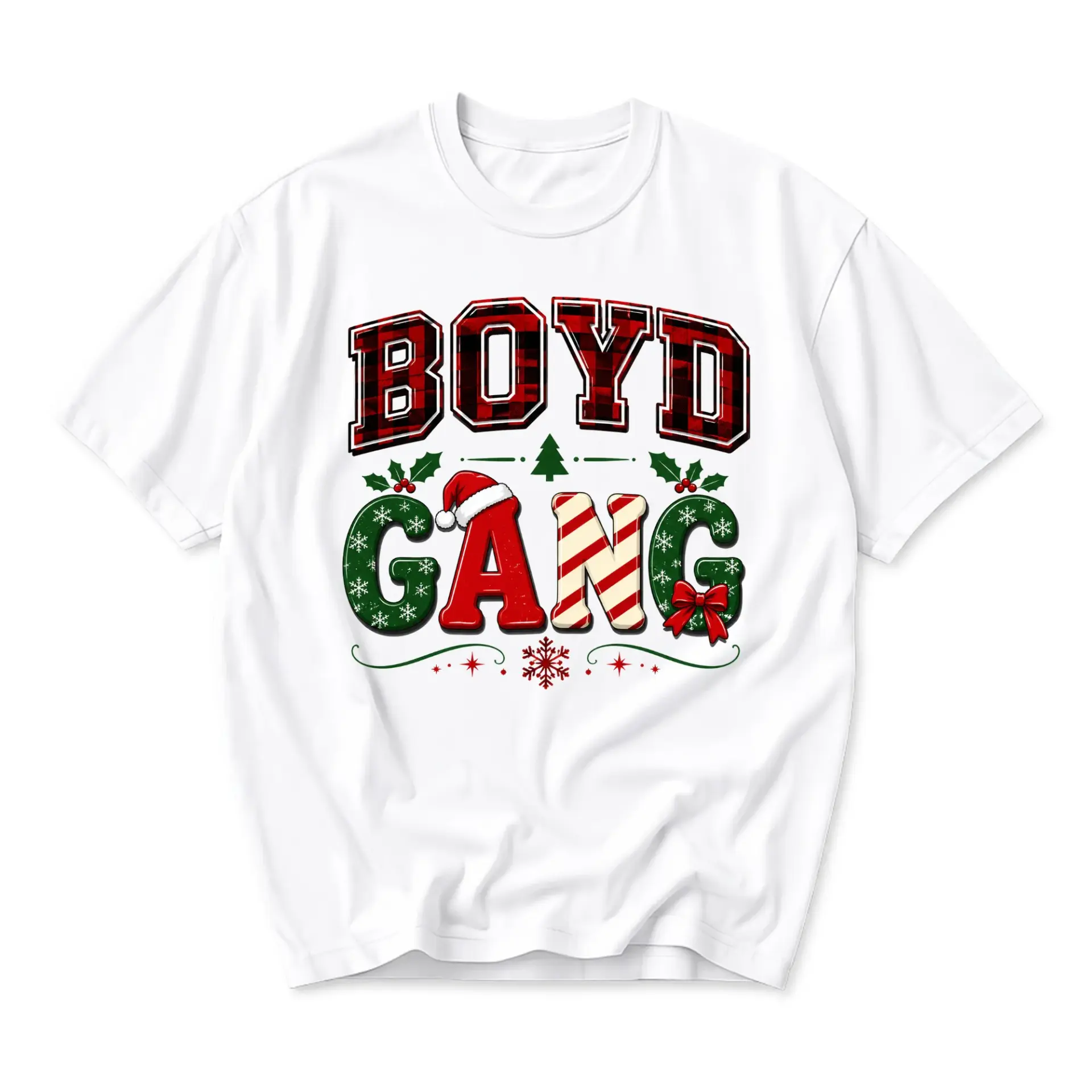 Graphic Tee Boyd Gang Christmas Shirt Unisex Holiday Crew Neck Top Festive Red and Green Plaid Seasonal Apparel