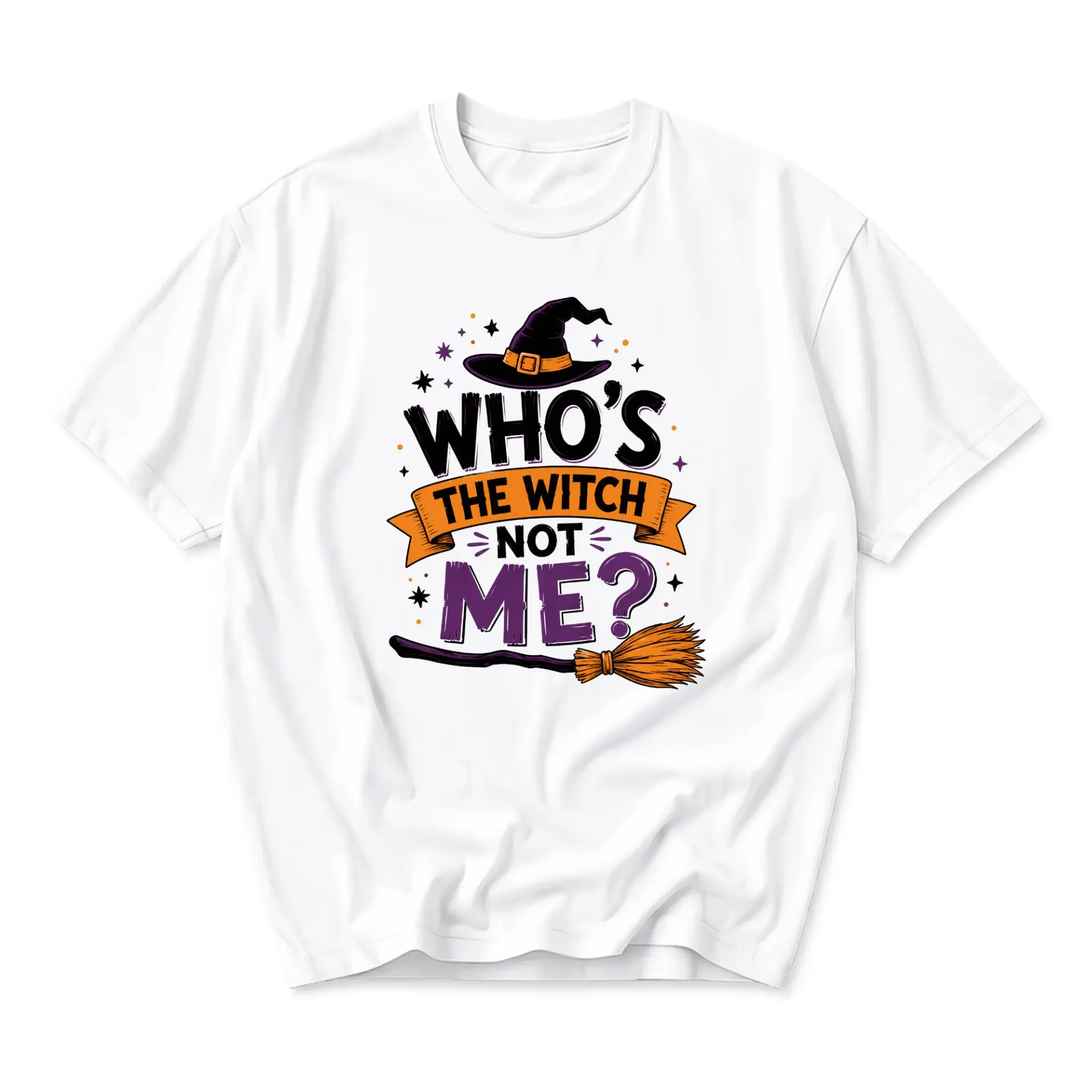 Funny Shirt Who Is the Witch Not Me Graphic Tee Unisex Casual Short Sleeve Crew Neck Cotton Blend Halloween Top