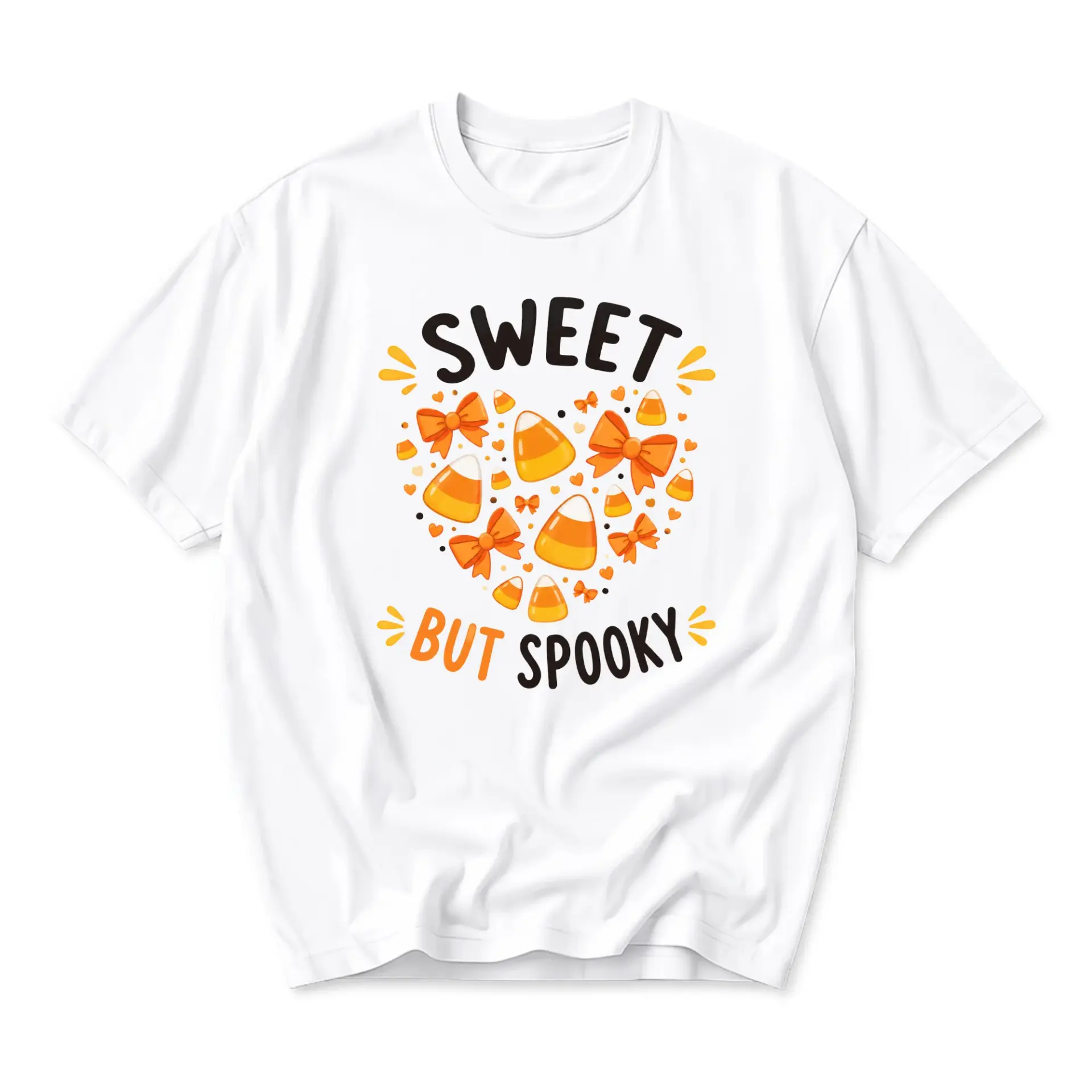 Graphic Tee Sweet but Spooky Candy Corn Bow Heart Print Unisex Crew Neck Casual Everyday Short Sleeve Cotton Shirt
