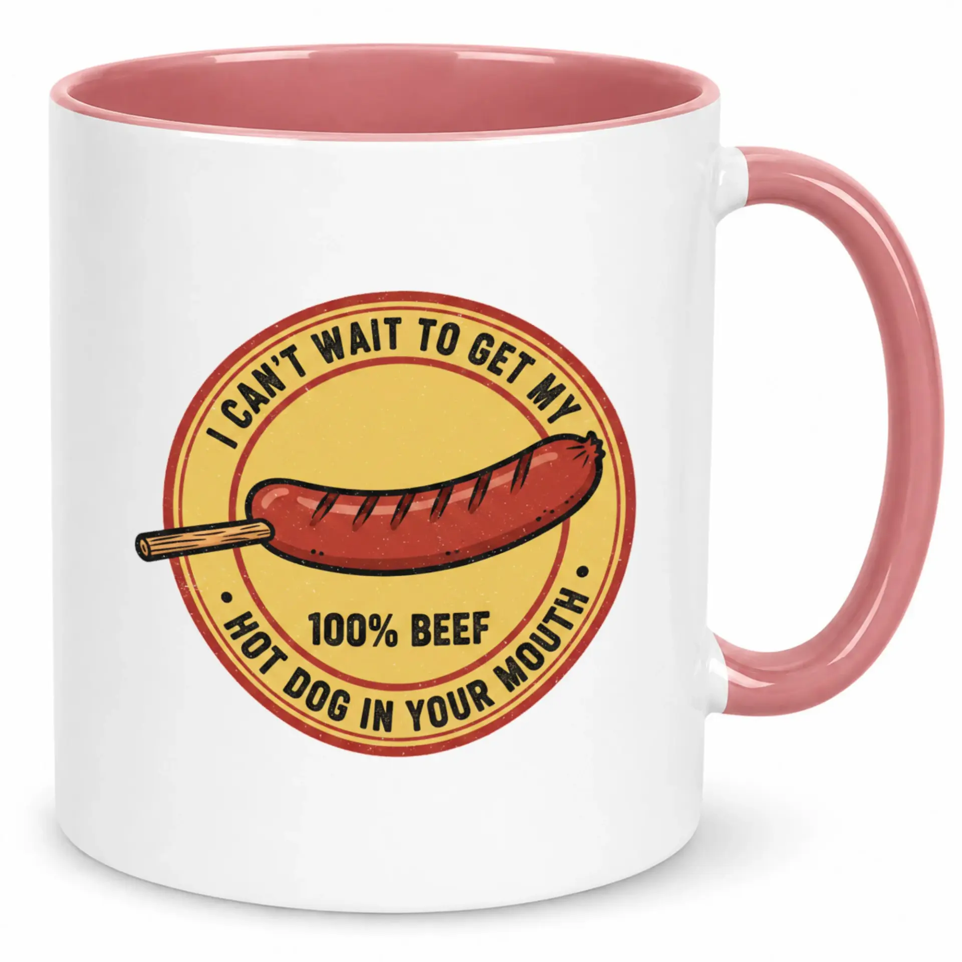 Funny Hot Dog Innuendo Coffee Mug, Humorous 100% Beef Sausage Themed Ceramic Mug for Beverage Enjoyment, Novelty Drinkware for Adults