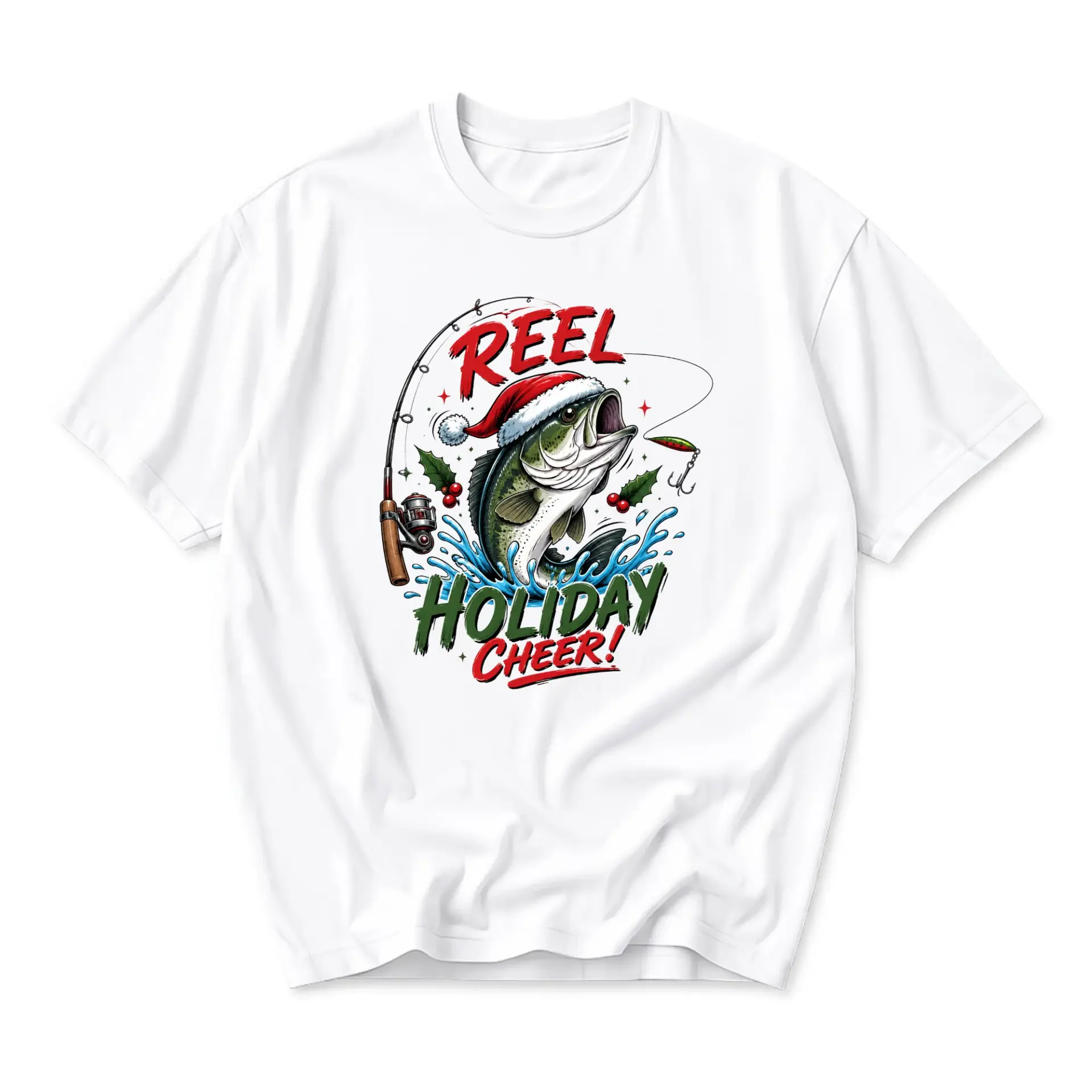 Funny Shirt Reel Holiday Cheer Fishing Graphic Tee Seasonal Unisex Casual Short Sleeve Cotton Crew Neck Top