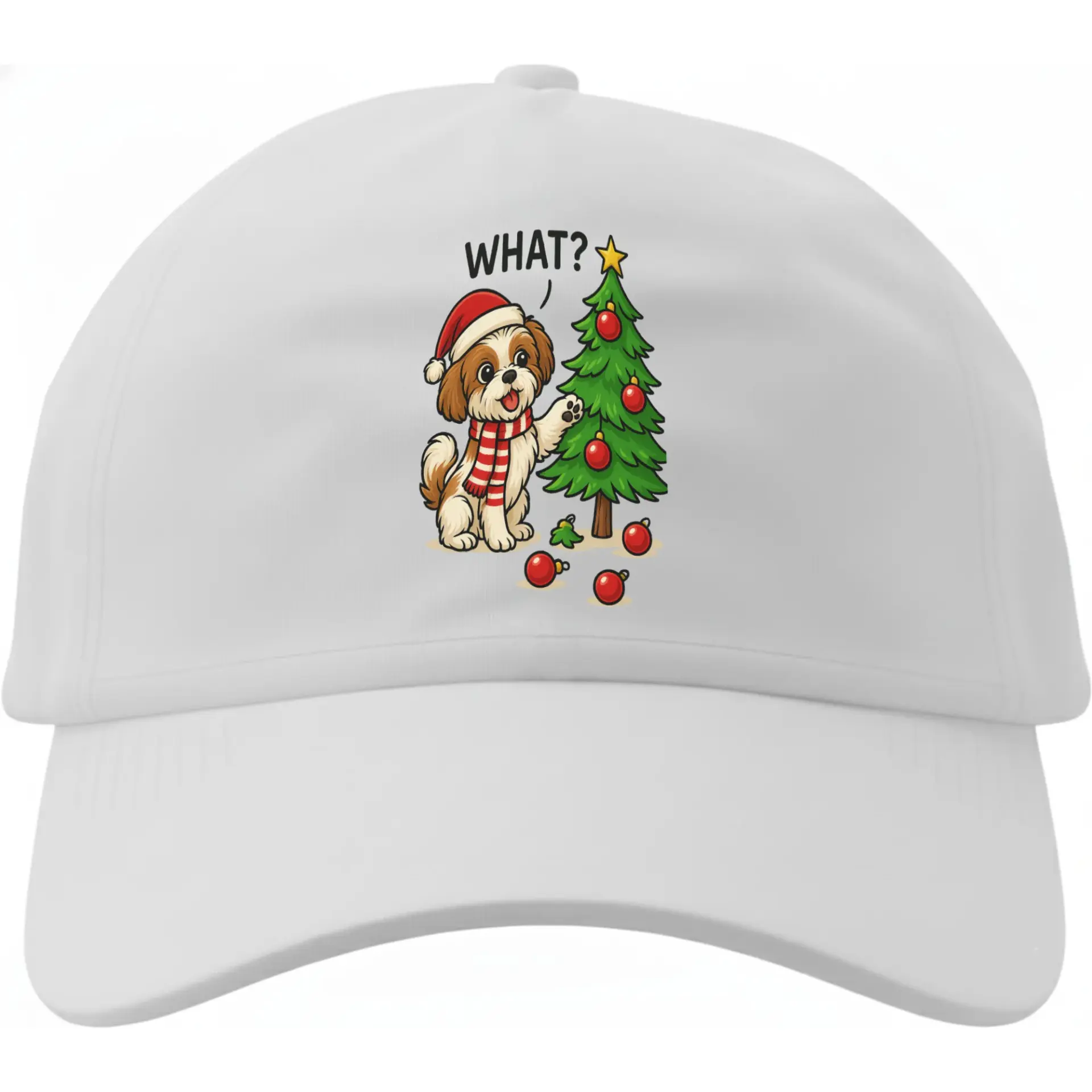 Dad Hat Baseball Cap Featuring Funny Christmas Puppy Dog Design with Santa Hat and Holiday Tree Graphic Artwork