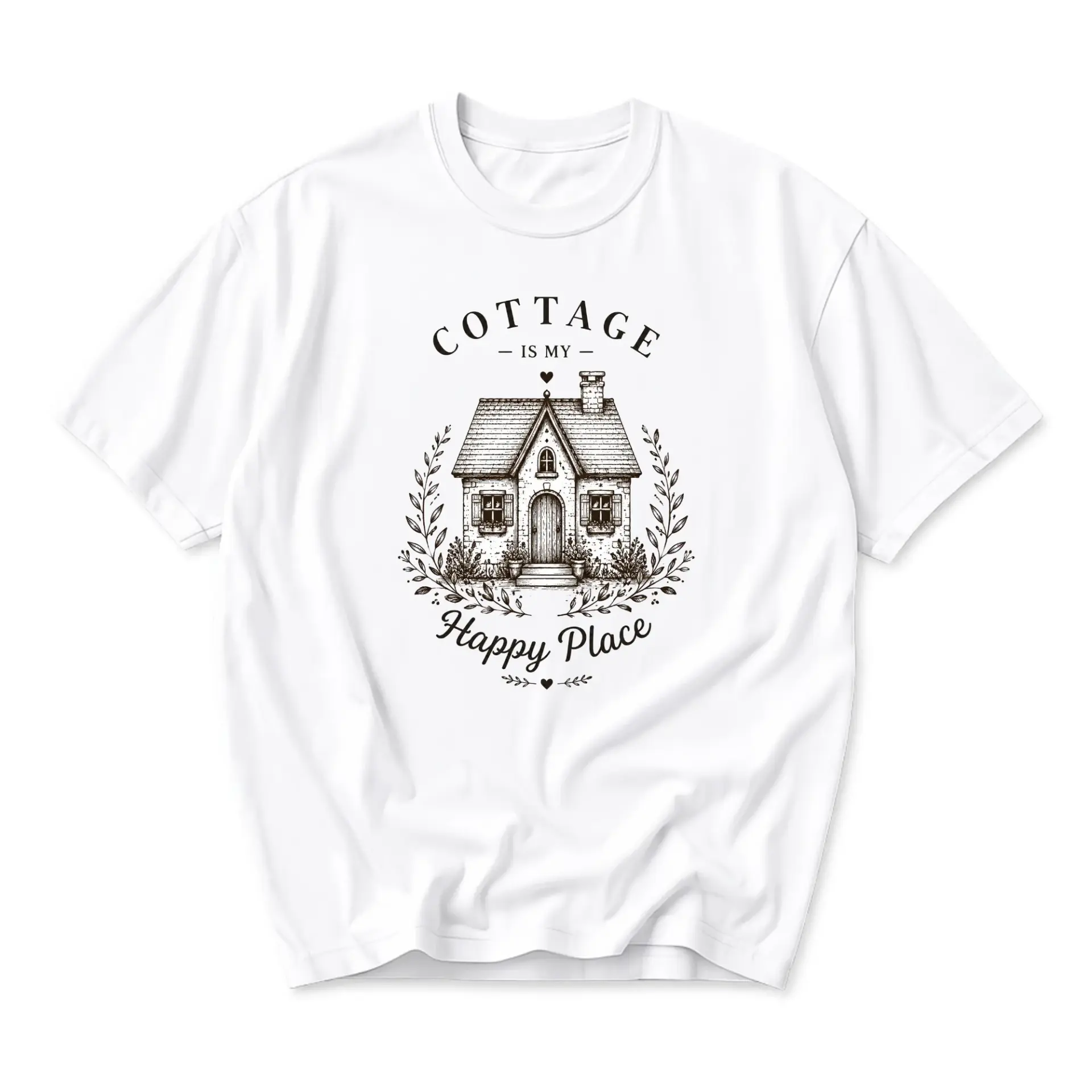 T-shirt Cottage Is My Happy Place Graphic Tee Cute Home Illustration Casual Comfortable Soft Cotton Crew Neck Top