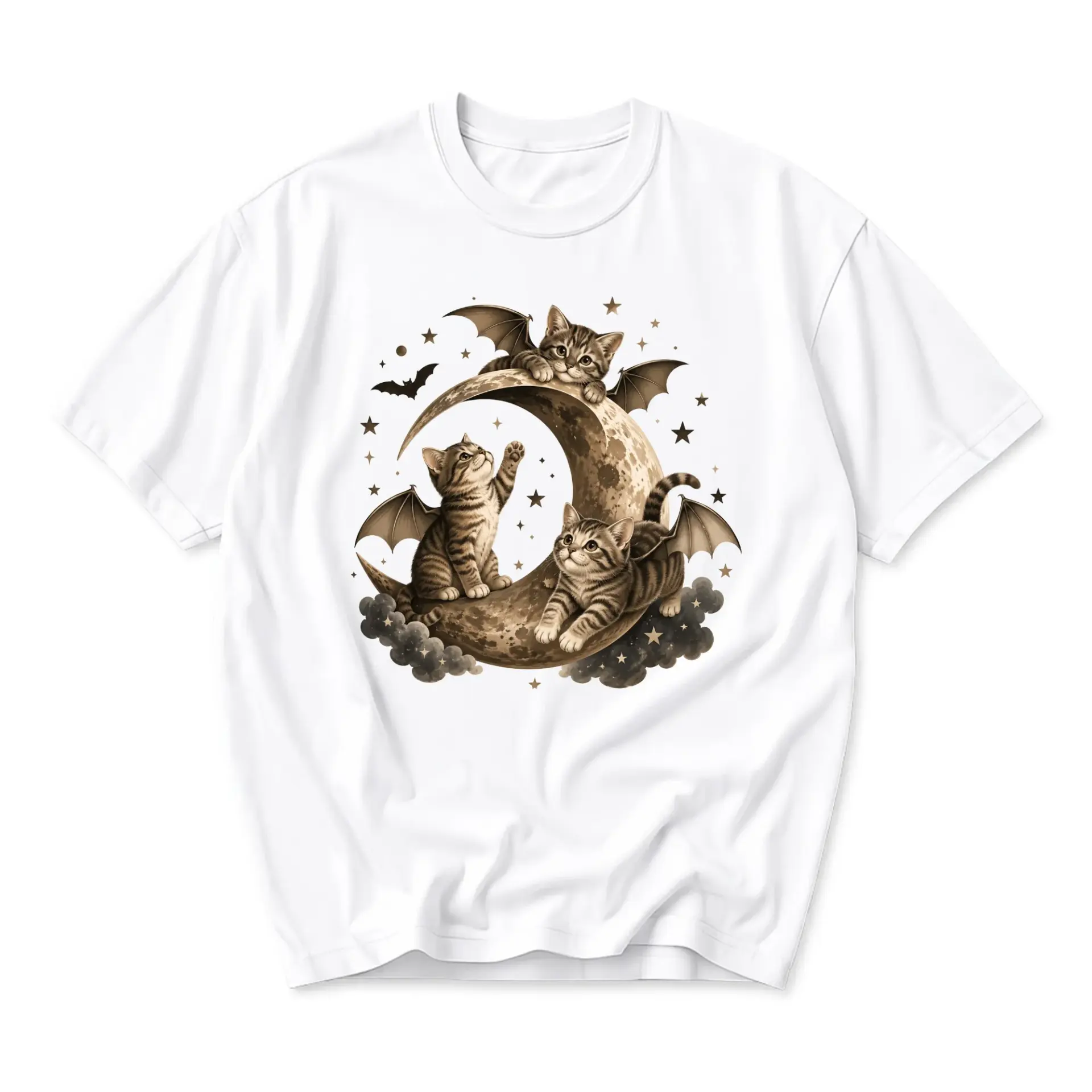 Graphic Tee Bat Wing Kitten Moon Shirt Celestial Animal Art Casual Unisex Crew Neck Top for Men and Women White