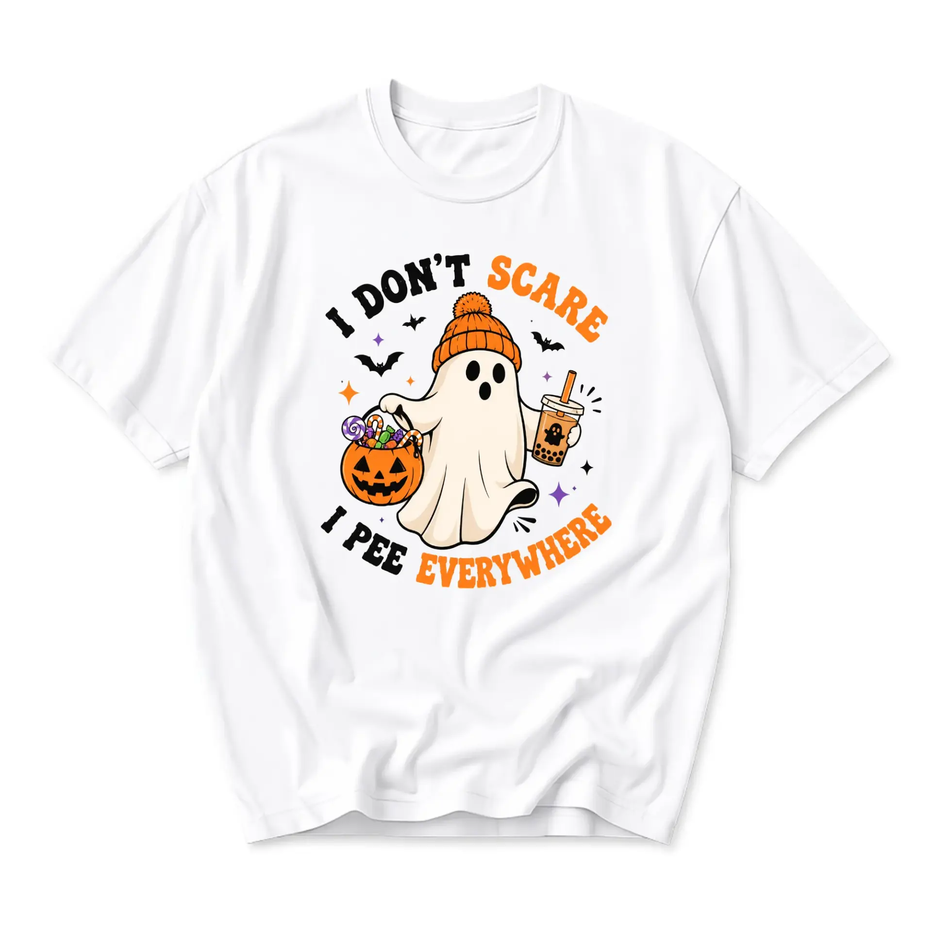 Funny Shirt I Dont Scare I Pee Everywhere Ghost Graphic Tee Unisex Casual Crew Neck Halloween Humor Cotton Top