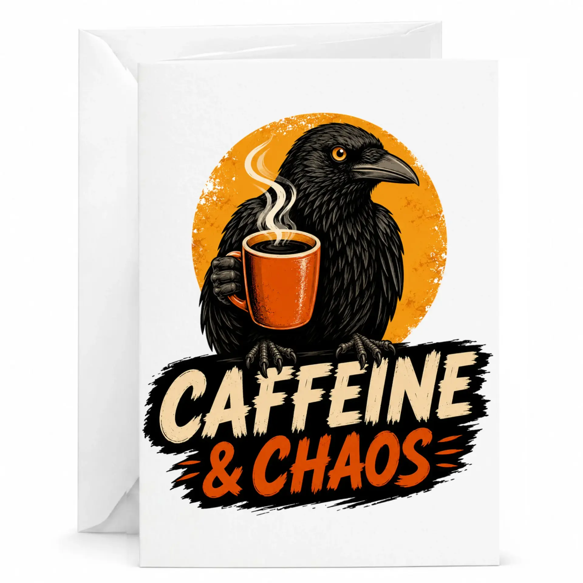 Funny Caffeine and Greeting Card with Crow Illustration Coffee Lover Birthday or Encouragement Note 5x7