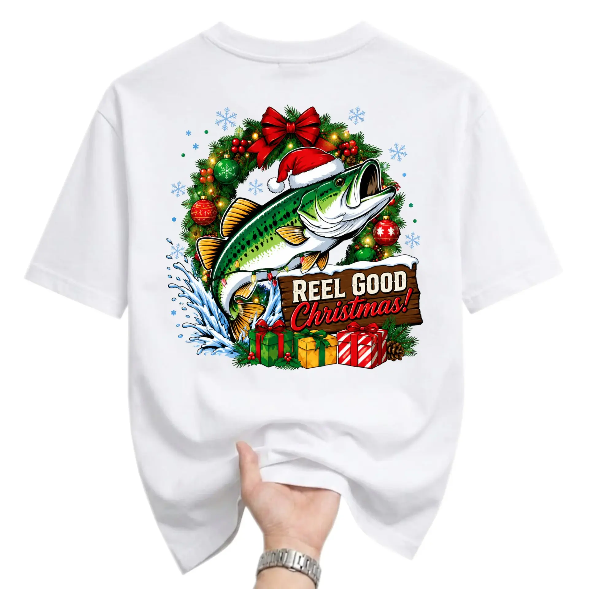 Funny Shirt Reel Good Christmas Fish Graphic Tee Unisex Crew Neck Casual Everyday Wear Holiday Gift Apparel White