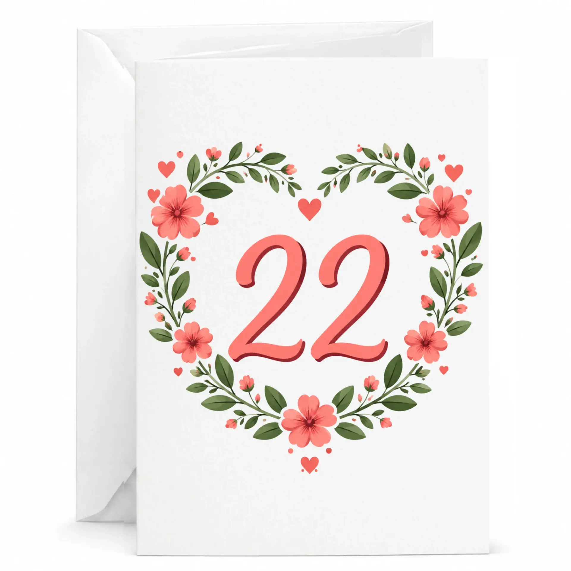 Greeting Card for 22nd Birthday Floral Heart Design Anniversary or Milestone Celebration Stationary Folded Card