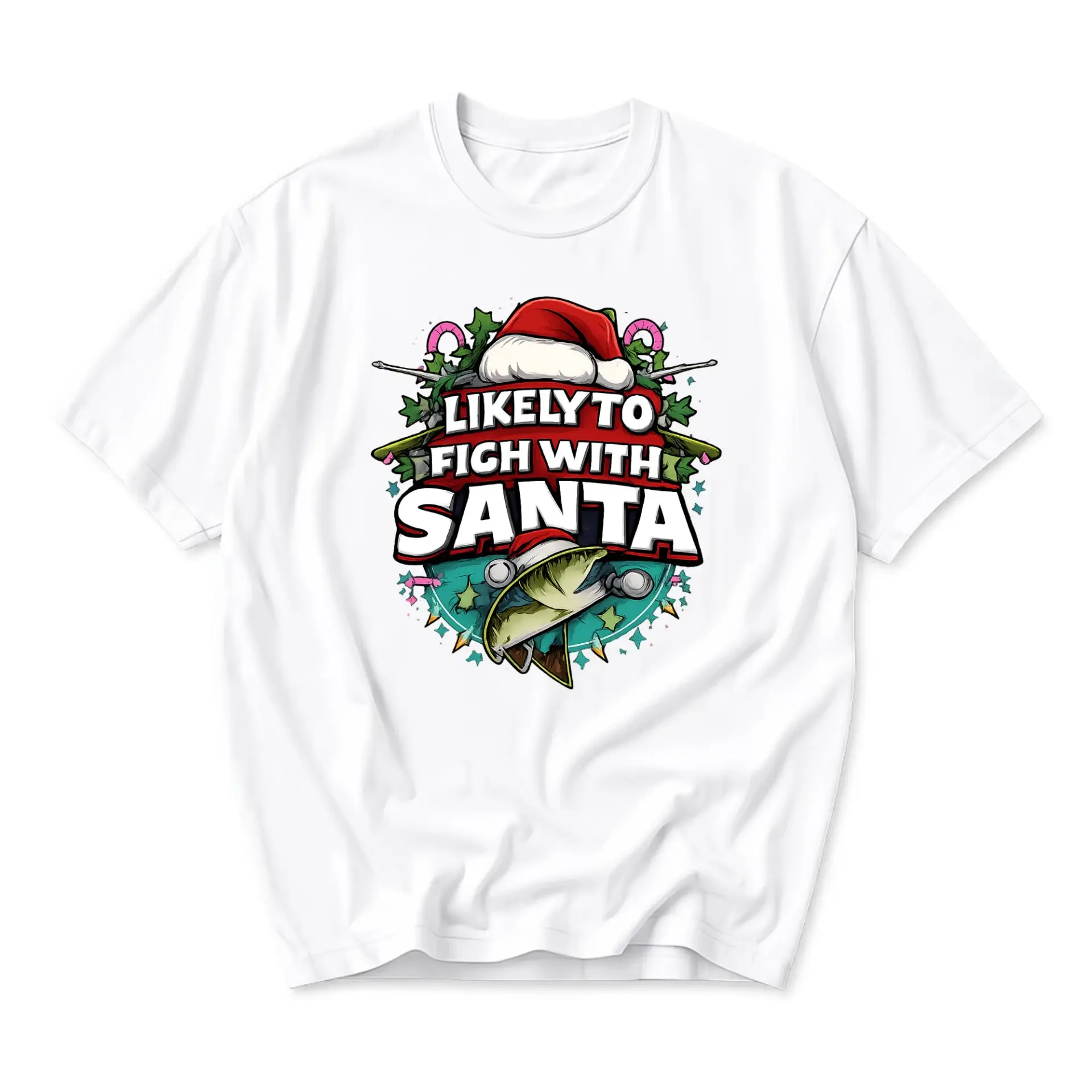 Funny Shirt Likely to Figh with Santa Graphic Tee Holiday Fishing Humor
