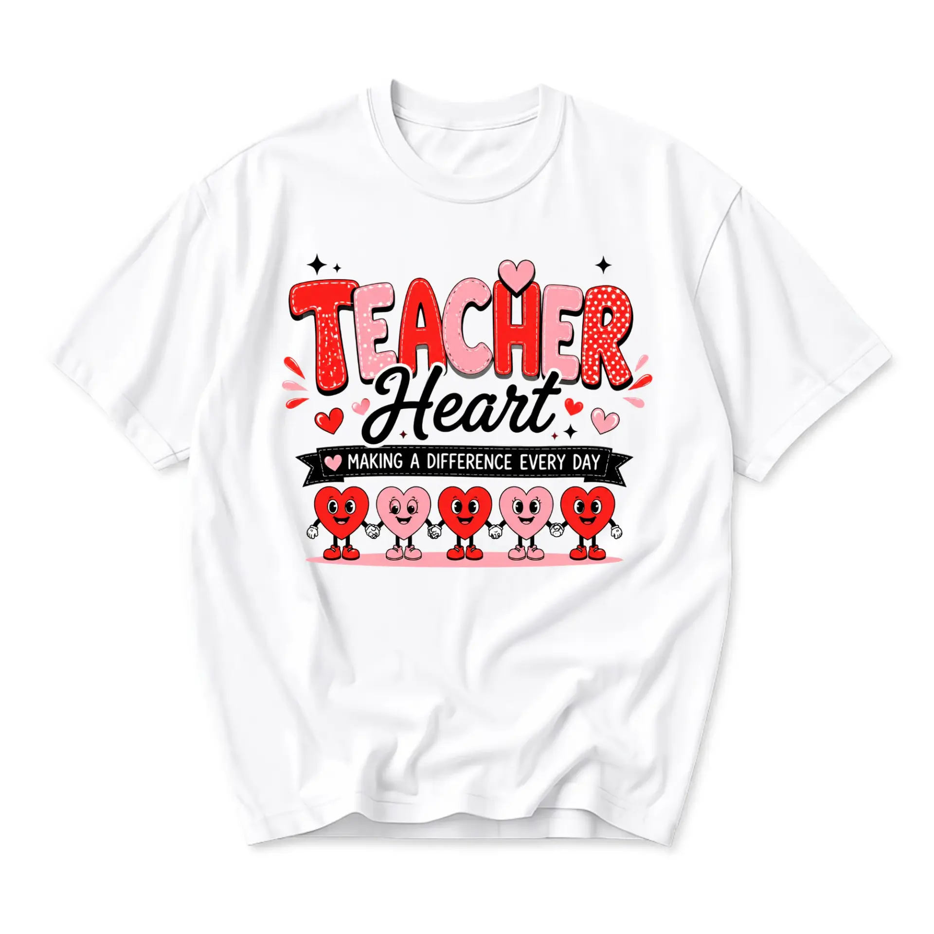 Graphic Tee Teacher Heart Making a Difference Every Day Unisex Casual Short Sleeve Crew Neck Cotton Blend Shirt White