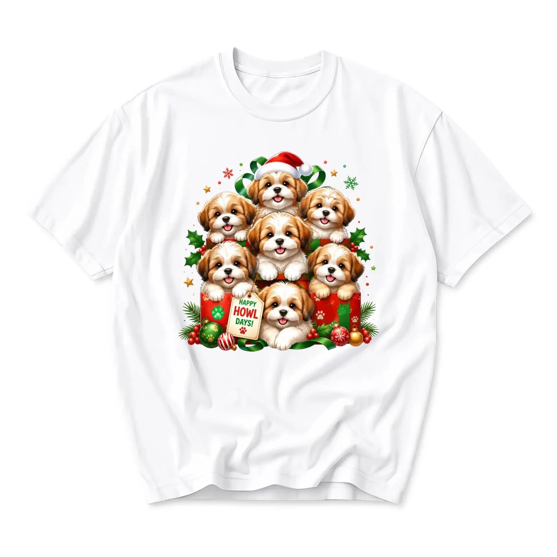 Graphic Tee Happy Days Christmas Puppy Shirt Unisex Crew Neck Short Sleeve