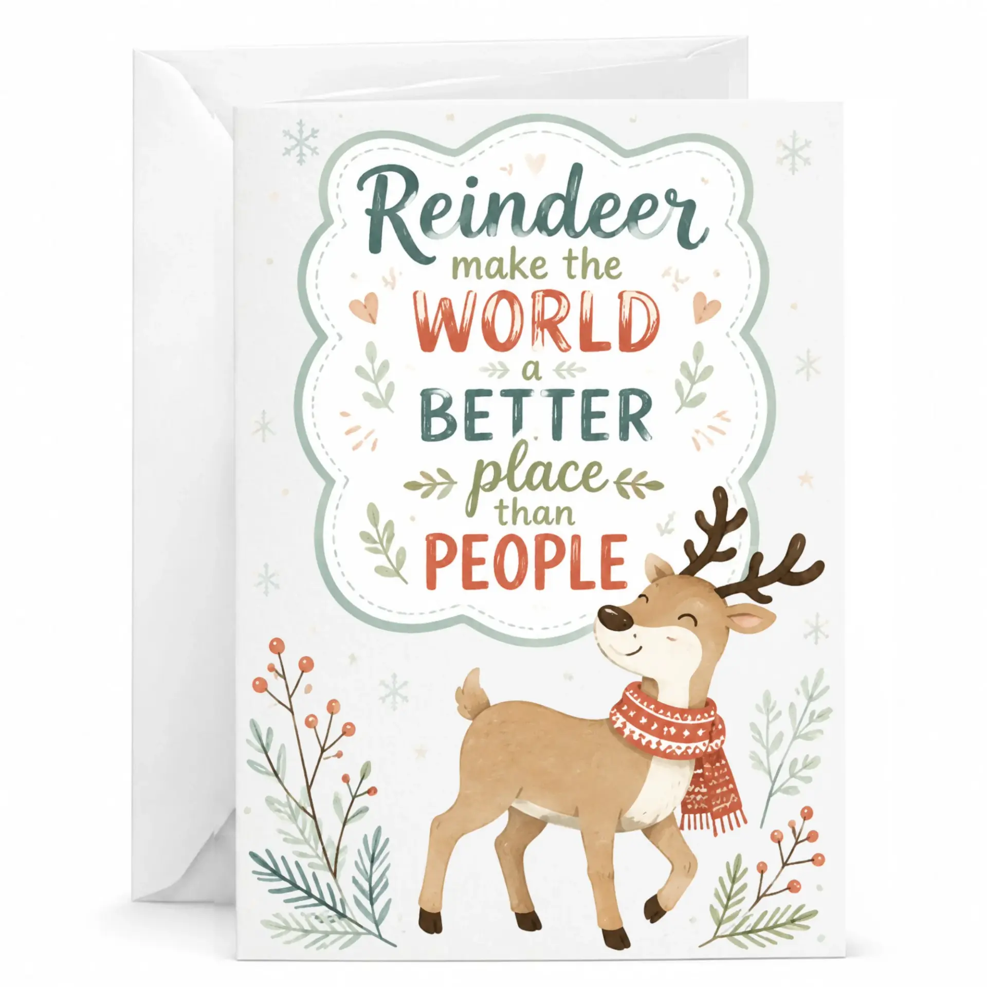 Funny Reindeer Greeting Card for Holiday Season, Whimsical Christmas Note Card with Matching White Envelope