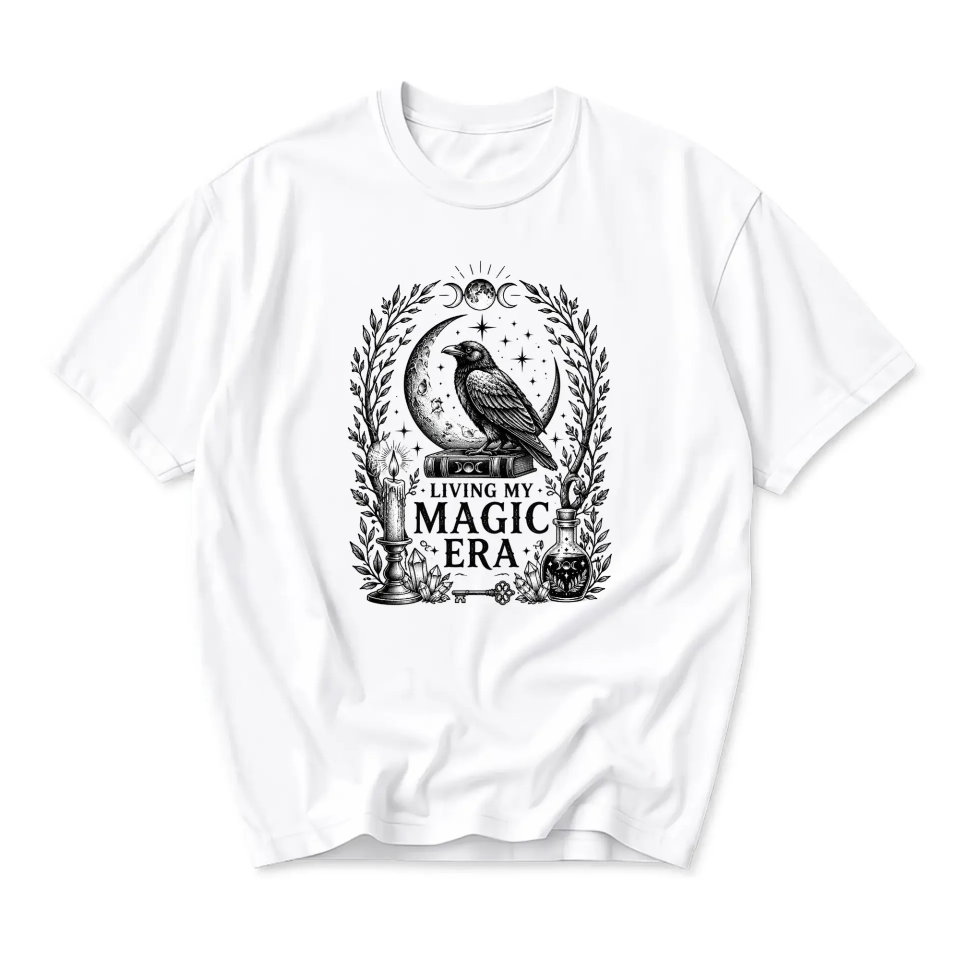 Graphic Tee Living My Magic Era Raven Moon Stars Witchy Occult Celestial Aesthetic Unisex Crew Neck Casual Shirt