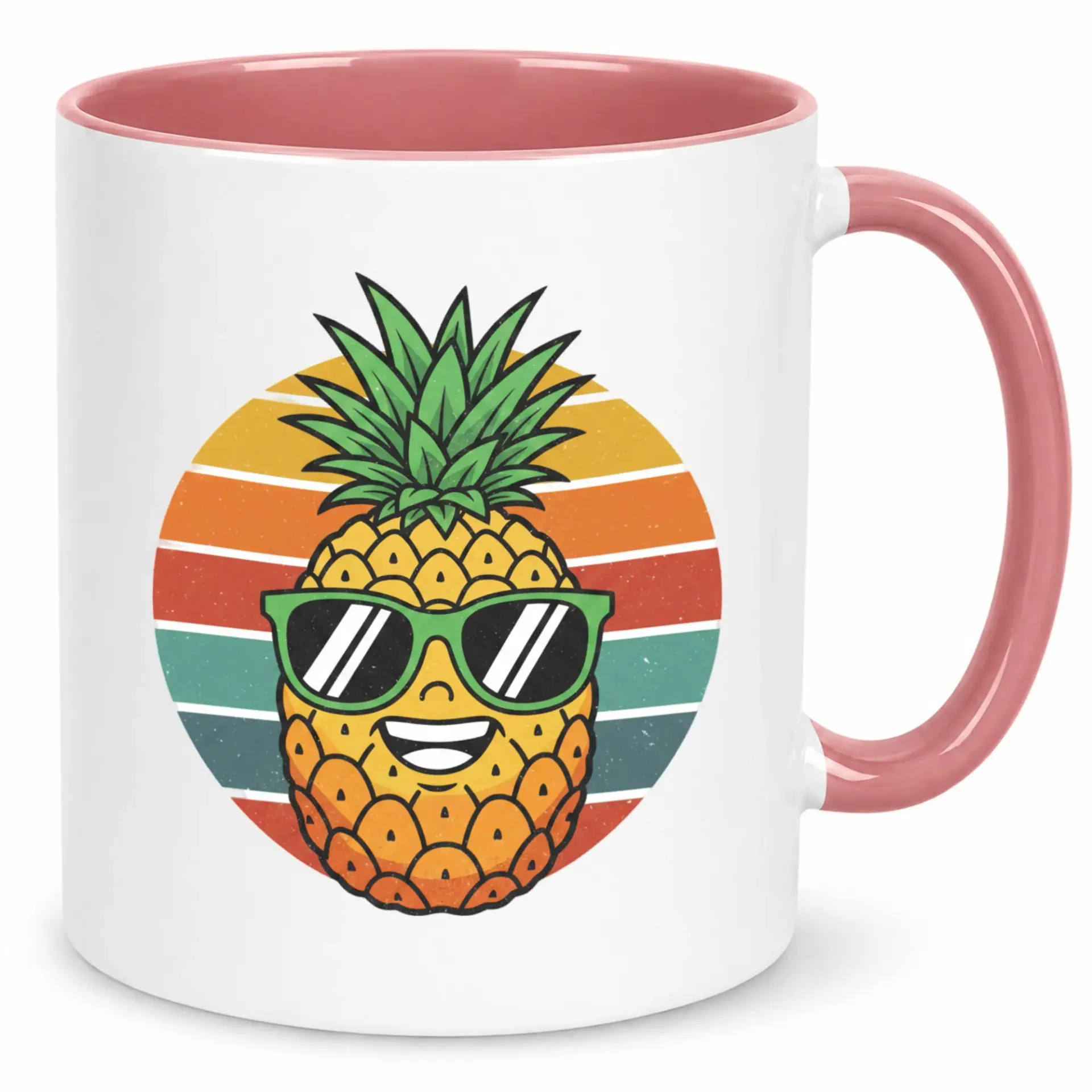 Funny Tropical Pineapple Ceramic Coffee Mug with Cool Sunglasses Retro Sunset Design, 11oz or 15oz White Glossy Beverage Cup for Home & Office