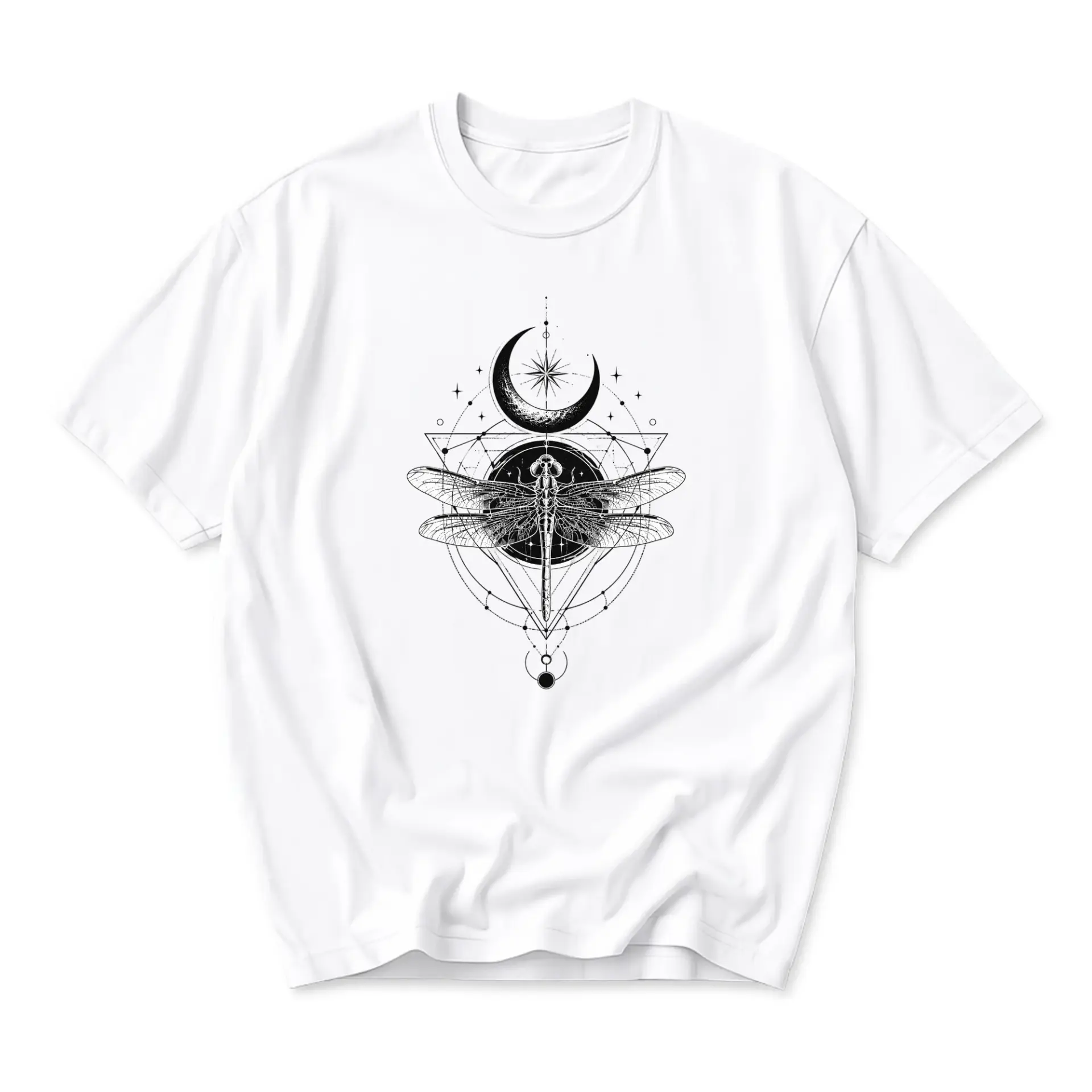 Graphic Tee Unisex Dragonfly Moon Geometric Print Casual Everyday Cotton Blend Short Sleeve Crew Neck T-Shirt White